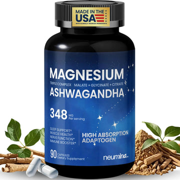 Magnesium Ashwagandha Complex | High-Absorption Multi Magnesium Supports Stress Relief, Sleep, Muscle & Heart Health | Vegan, Non-GMO, Gluten-Free, Made in USA, 90 Capsules((45-Day Supply) NEUMINA Au supplements
