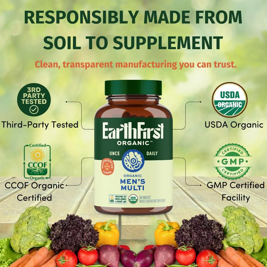 EarthFirst Organic Men’s Multi Once Daily, Whole-Food Multivitamin with 19 Vitamins & Minerals for Energy, Heart, Bone Strength EarthFirst Organic Au supplements