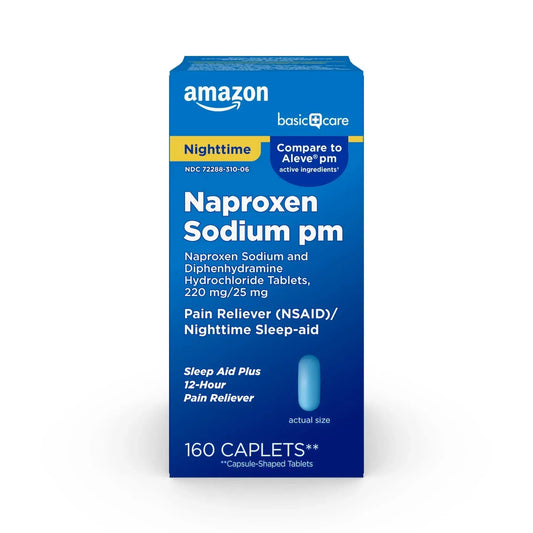 Amazon Basic Care All Night Pain Relief PM, Naproxen Sodium 220 mg/Diphenhydramine Hydrochloride 25 mg Tablets, Pain Reliever/Nighttime Sleep-Aid, 160 Count Amazon Basic CareAu supplements
