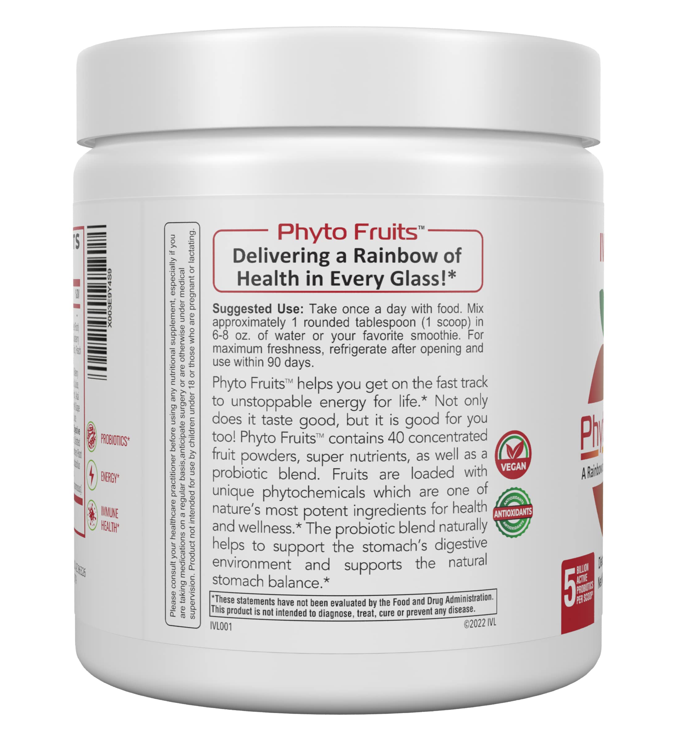 IVL - Phyto Fruits Superfood Powder - Support Energy - Digestive & Probiotic - Antioxidant - Vegan - 40 Fruits and Nutrients Plus 6 Probiotic Strains (30 Servings, 8.88 oz) IVL Au supplements