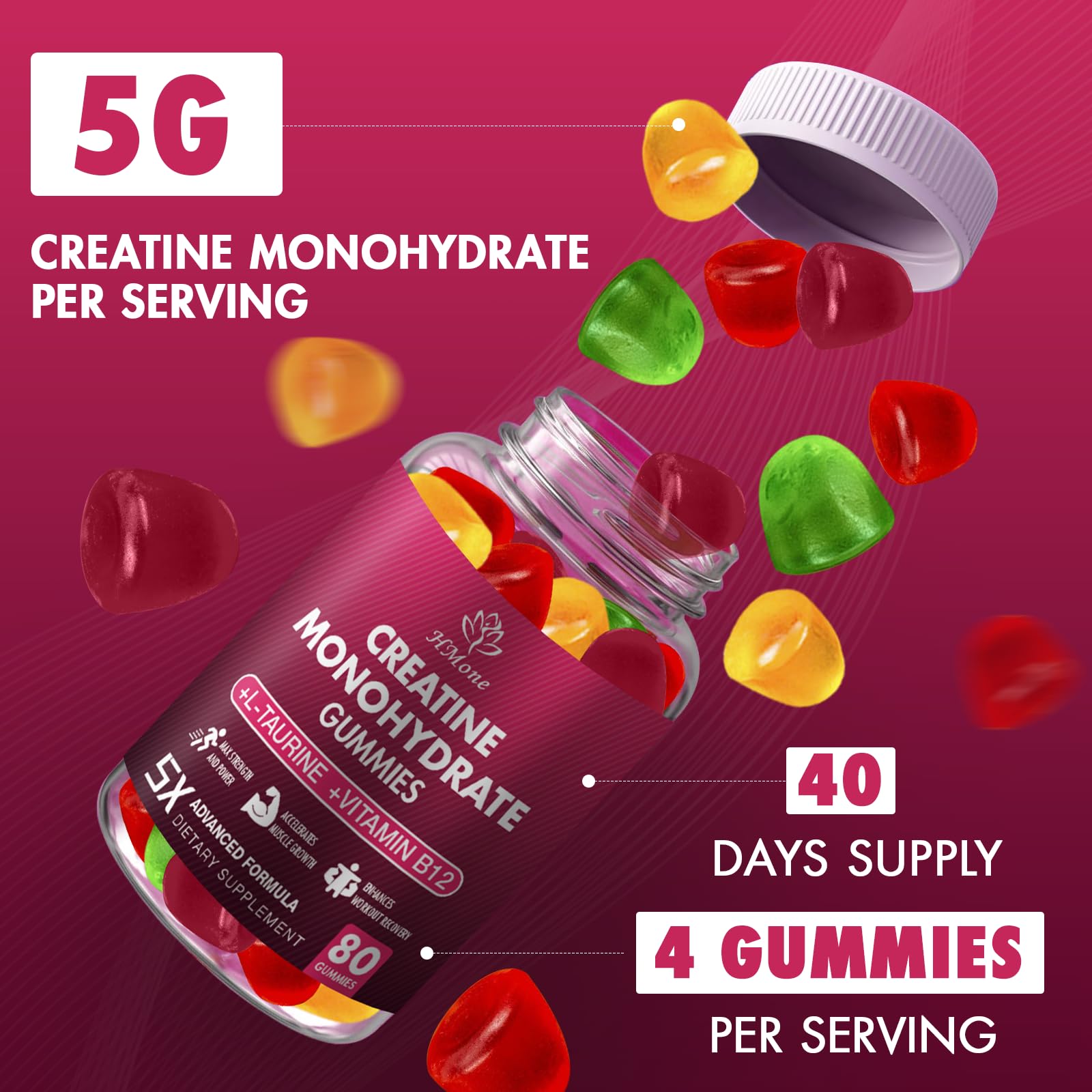 HMone Creatine Monohydrate Gummies - 5g for Men & Women, 160 Count and Creatine Chewable Supplements for Muscle Gain, Muscle Strength, Energy Boost, and Muscle Builder, Sugar Free, Vegan HMone Au supplements
