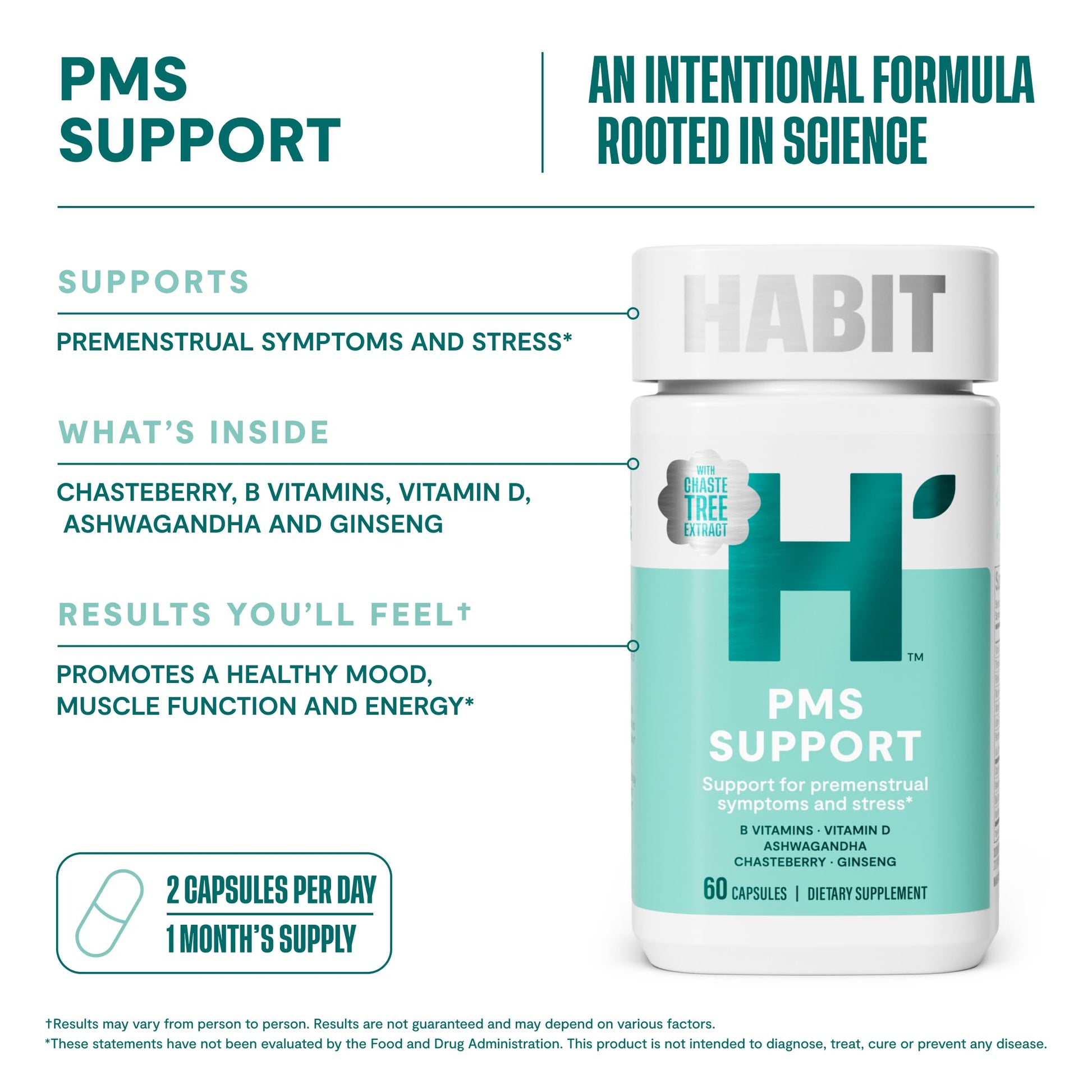 Habit PMS Support Supplement for Women (60 Capsules) - Supports Premenstrual Symptoms & Stress, Hormone Balance, Mood, B Vitamins, Vitamin D, Chasteberry, Ashwagandha, Gluten-Free, Non-GMO (1 Pack) H' Habit Au supplements