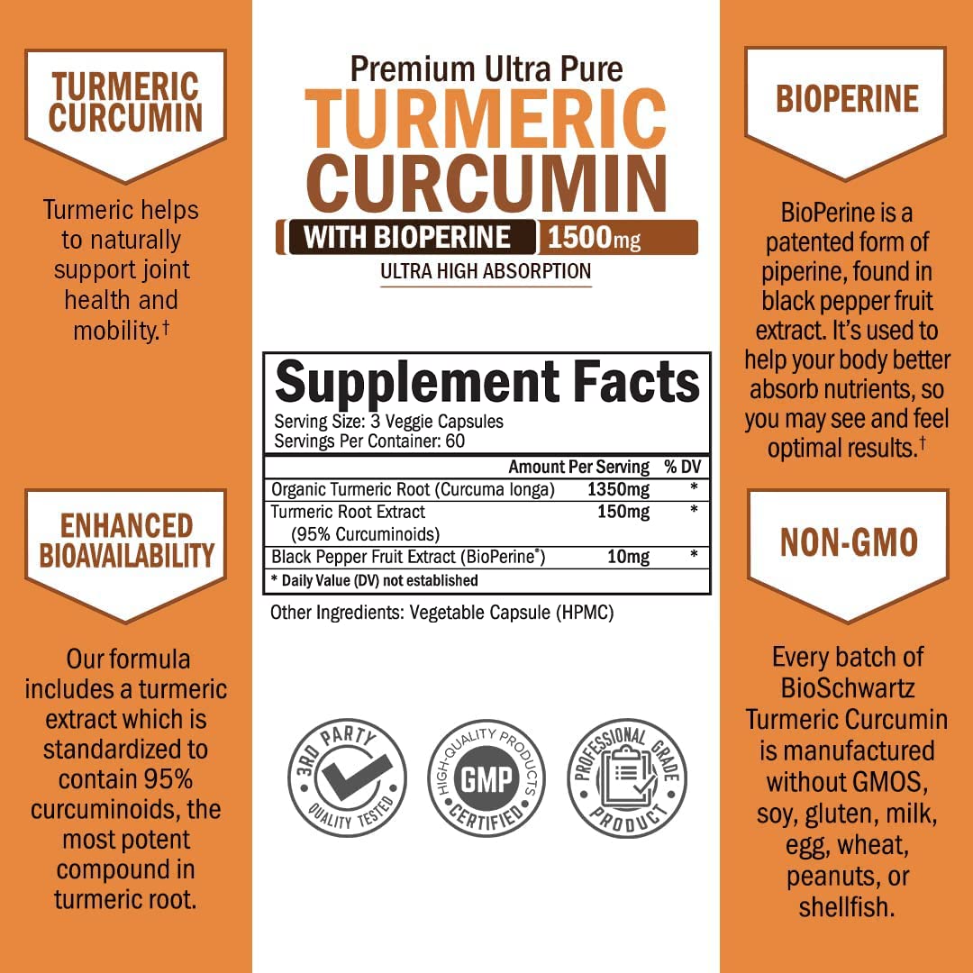 Turmeric Curcumin with Black Pepper Extract 1500mg - High Absorption BioSchwartz Au supplements