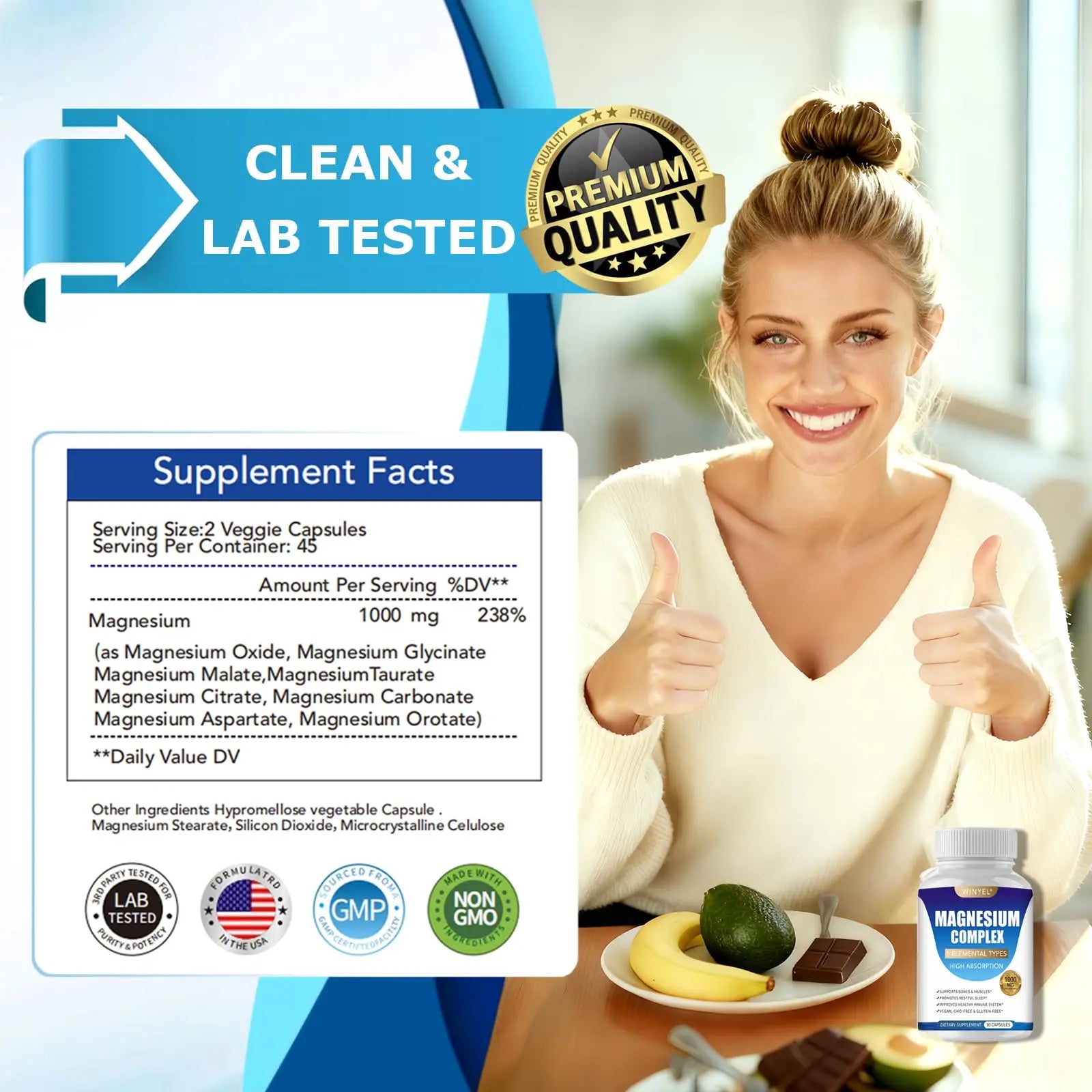 Magnesium Complex Supplement 8 Elemental 1000mg | Magnesium Supplement with Glycinate, Malate, Citrate | Sleep, Relaxation, Bone & Muscle | Vegan 90 Capsules WINYEL Au supplements