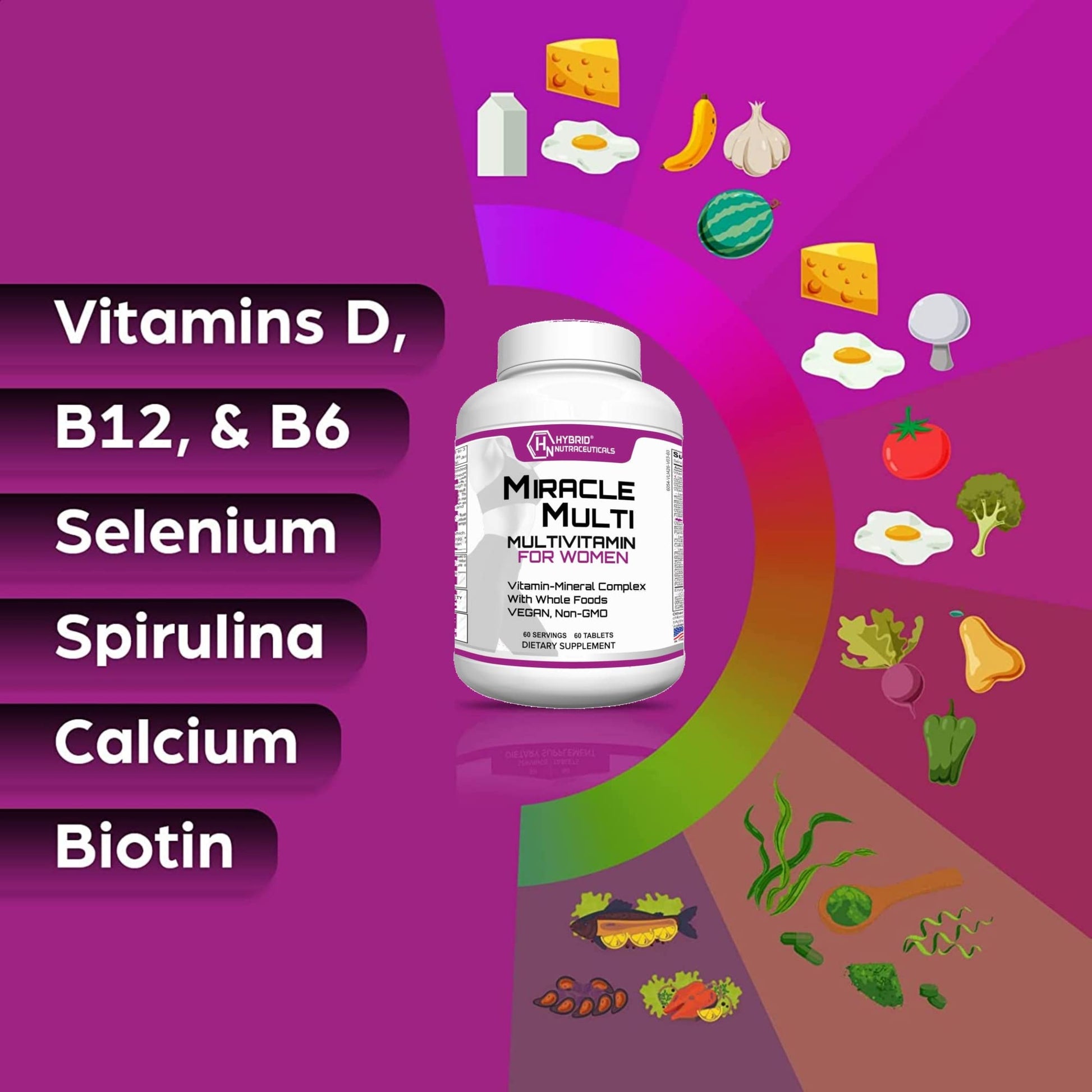 Hybrid Nutraceuticals MiracleMulti Women Multivitamin with Probiotics, Biotin, Folic Acid, Enzymes + Fruit & Vegetable Blend - Immune Support, Heart Health, Energy: 60 Servings (Non-GMO) Hybrid Nutraceuticals Au supplements