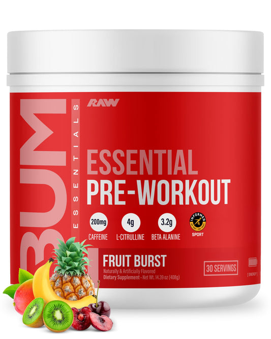 RAW Essential Pre-Workout Powder (Fruit Burst) - Chris Bumstead Sports Nutrition Supplement for Men & Women - Preworkout Energy Powder with Caffeine RAWUS supplements