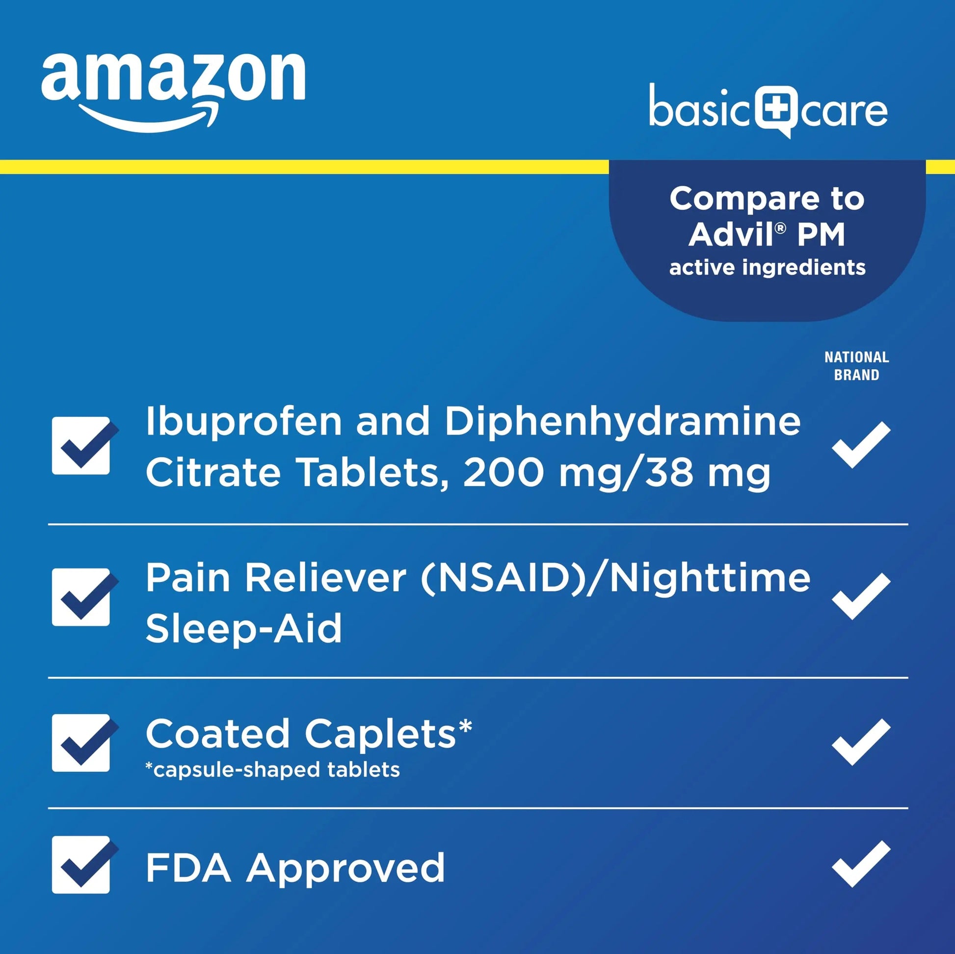 Amazon Basic Care Ibuprofen PM, Ibuprofen 200 mg and Diphenhydramine Citrate 38 mg, Pain Reliever and Nighttime Sleep-Aid, Capsule-Shaped Tablets, 120 Count Amazon Basic Care Au supplements