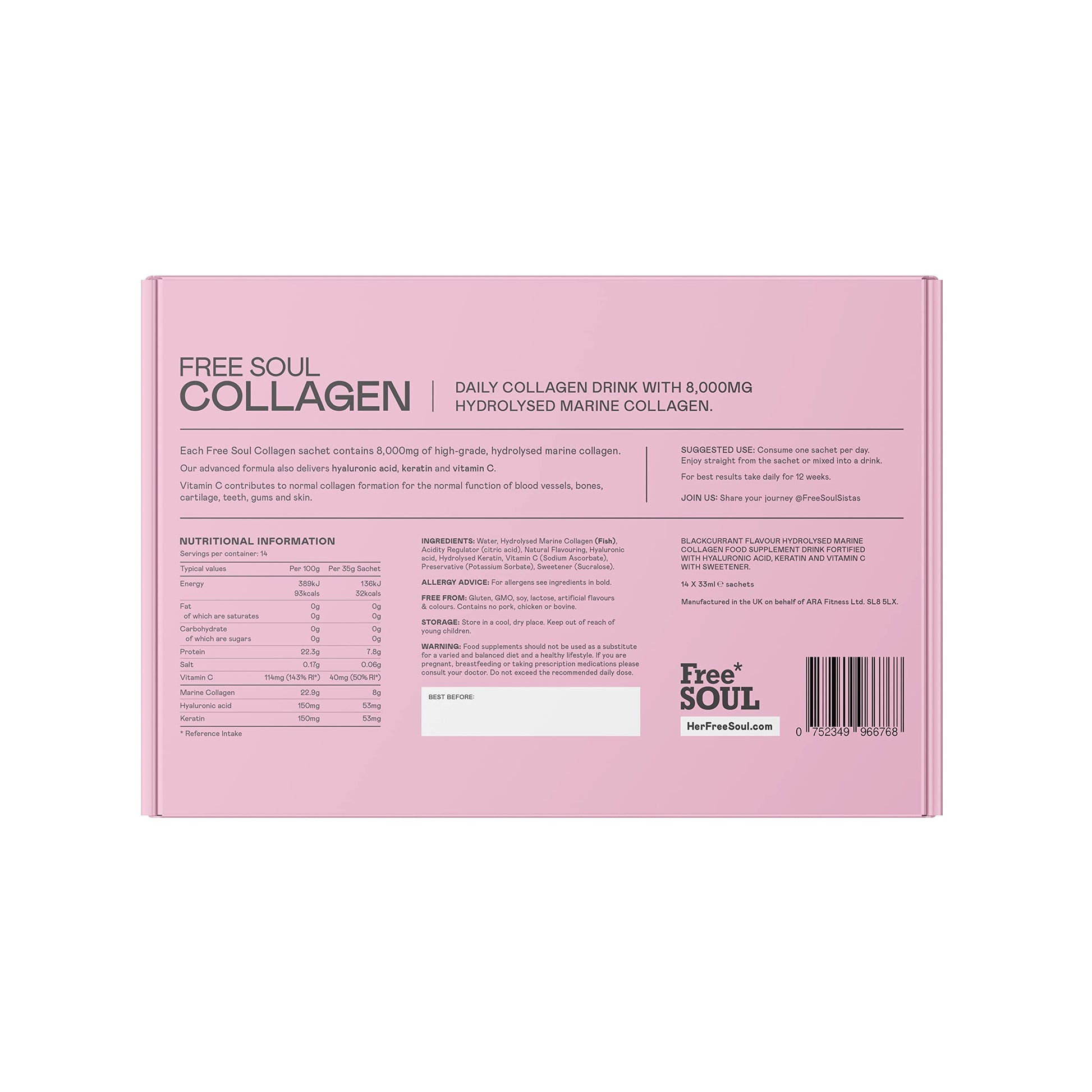 Marine Collagen Liquid 8000mg with Hyaluronic Acid, Keratin, & Vitamin C, 14 x 8000mg Hydrolysed Collagen Free Soul Au supplements