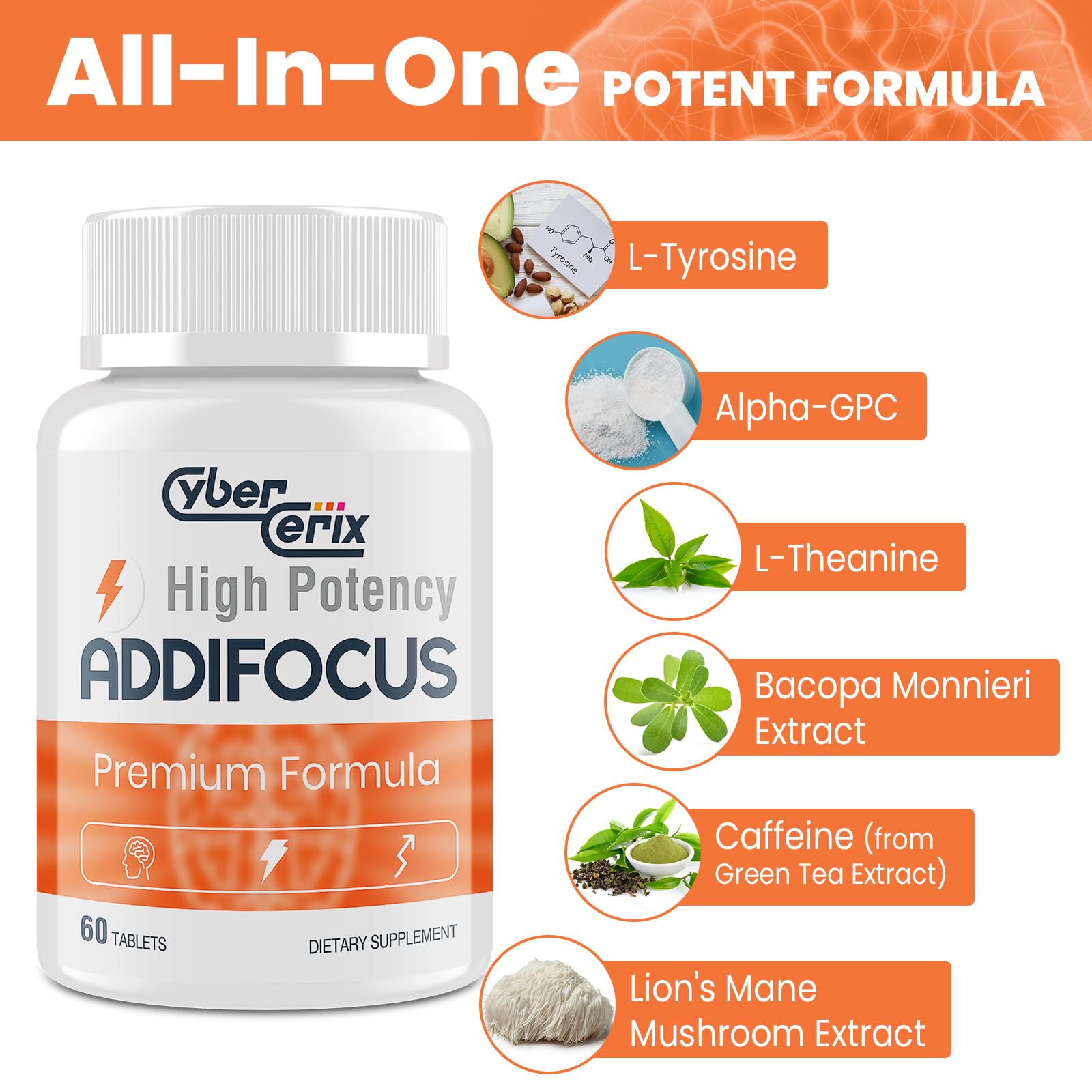 17-in-1 Brain Supplement for Memory and Focus - Nootropic Brain Supplement for Concentration, Clarity, Energy & Focus - Natural Caffeine Blend with Vitamins, Amino Acids & Herbal Extracts - 60 Tablets CyberCerix Au supplements