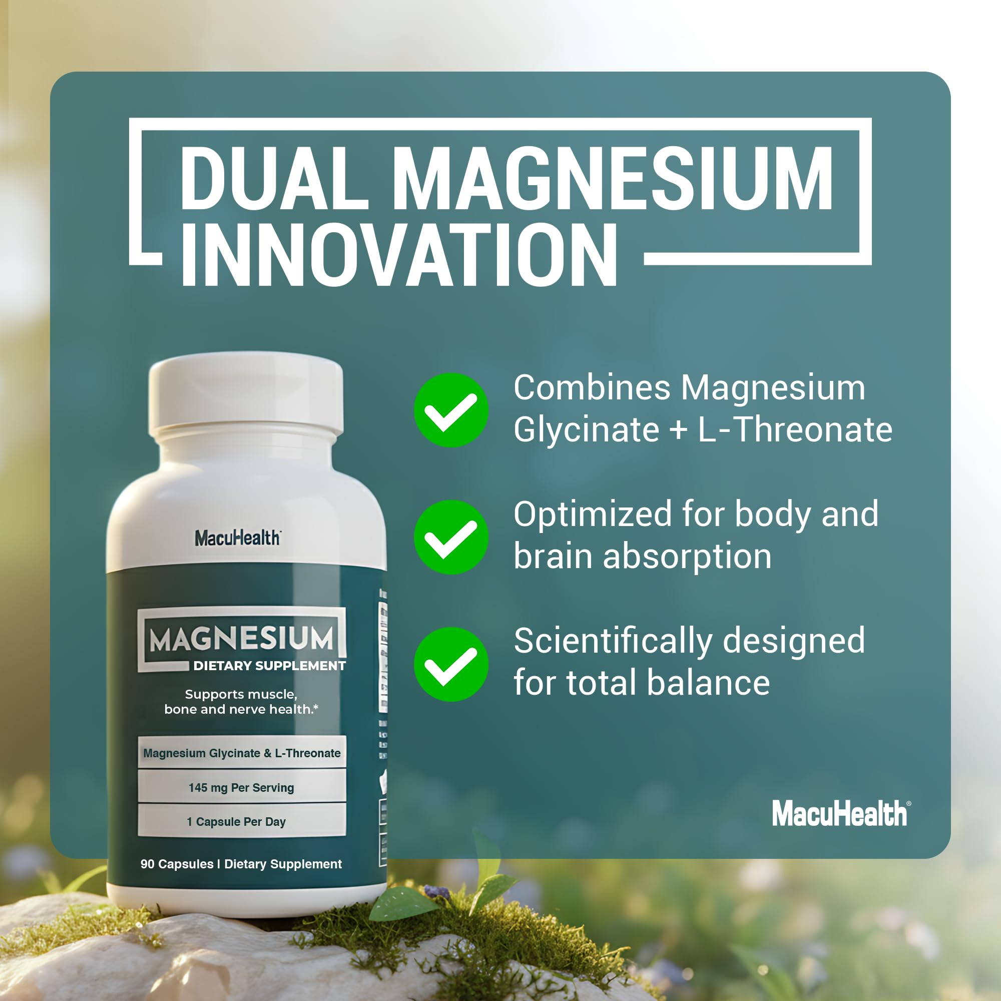 MacuHealth Magnesium Glycinate & L-Threonate 145mg - 90 Capsules - Highly Absorbable Magnesium for Energy, Calm & Focus - Gentle on Stomach, Vegan, Non-GMO - Premium Chelated Magnesium Supplement Macuhealth Au supplements