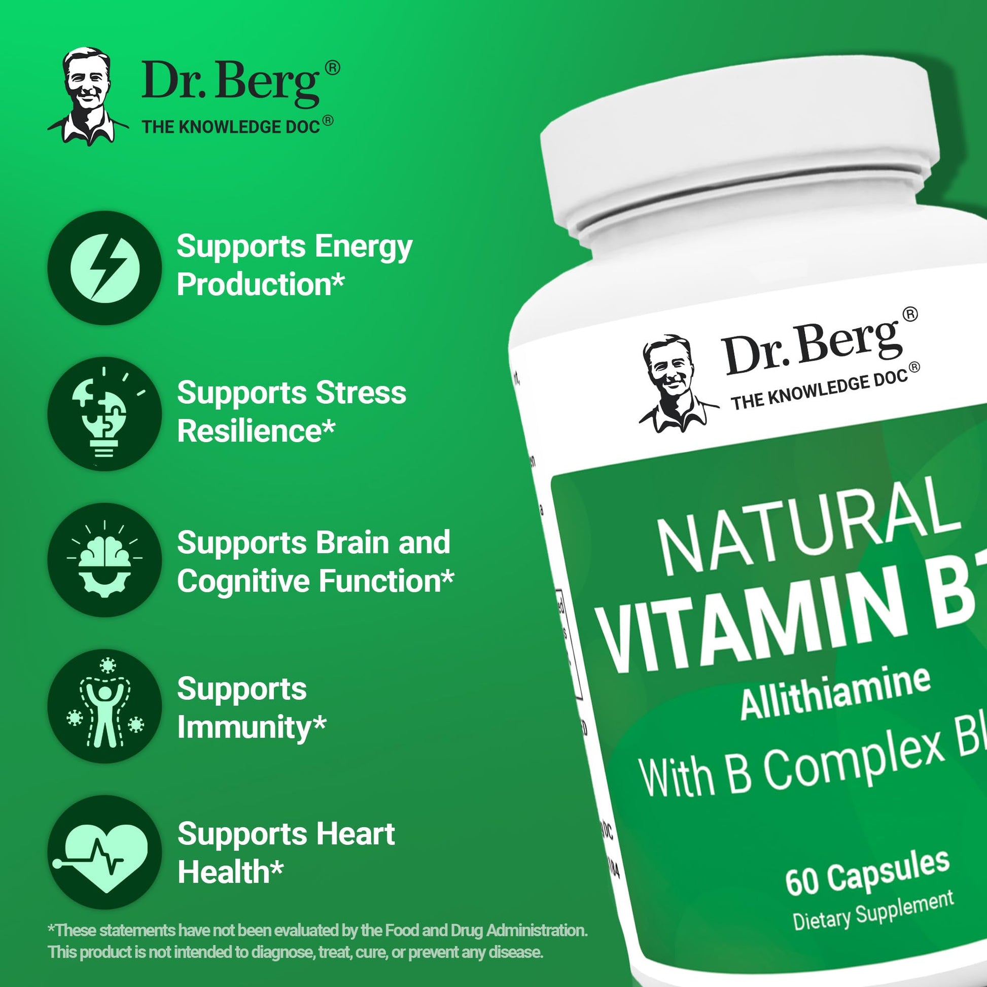 Dr. Berg Natural Vitamin B1 B6 B12 Complex - Allithiamine Vitamin B1 Supplement with 8 Essential Vitamin B Complex for Men & Women Including Thiamin, Niacin, Folate, Magnesium & More - 60 Capsules Dr. Berg Nutritionals Au supplements