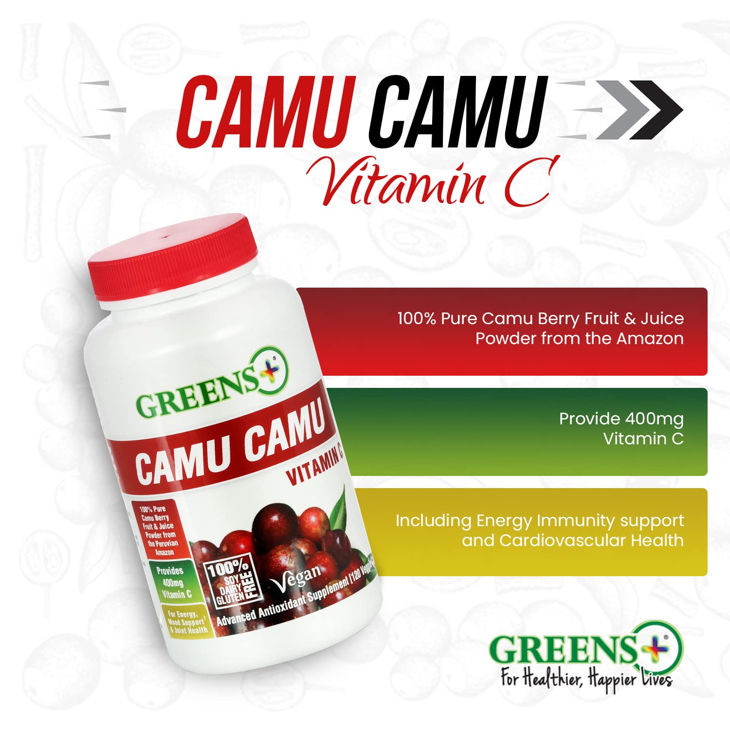 Greens+ Organic Reds Superfood Powder Camu Camu Dietary 400mg Vitamin C SuperFruit Supplement 120 Capsules, 100% Natural, Vitamins & Minerals, Vegan, Soy/Dairy/Gluten Free Greens+ Au supplements