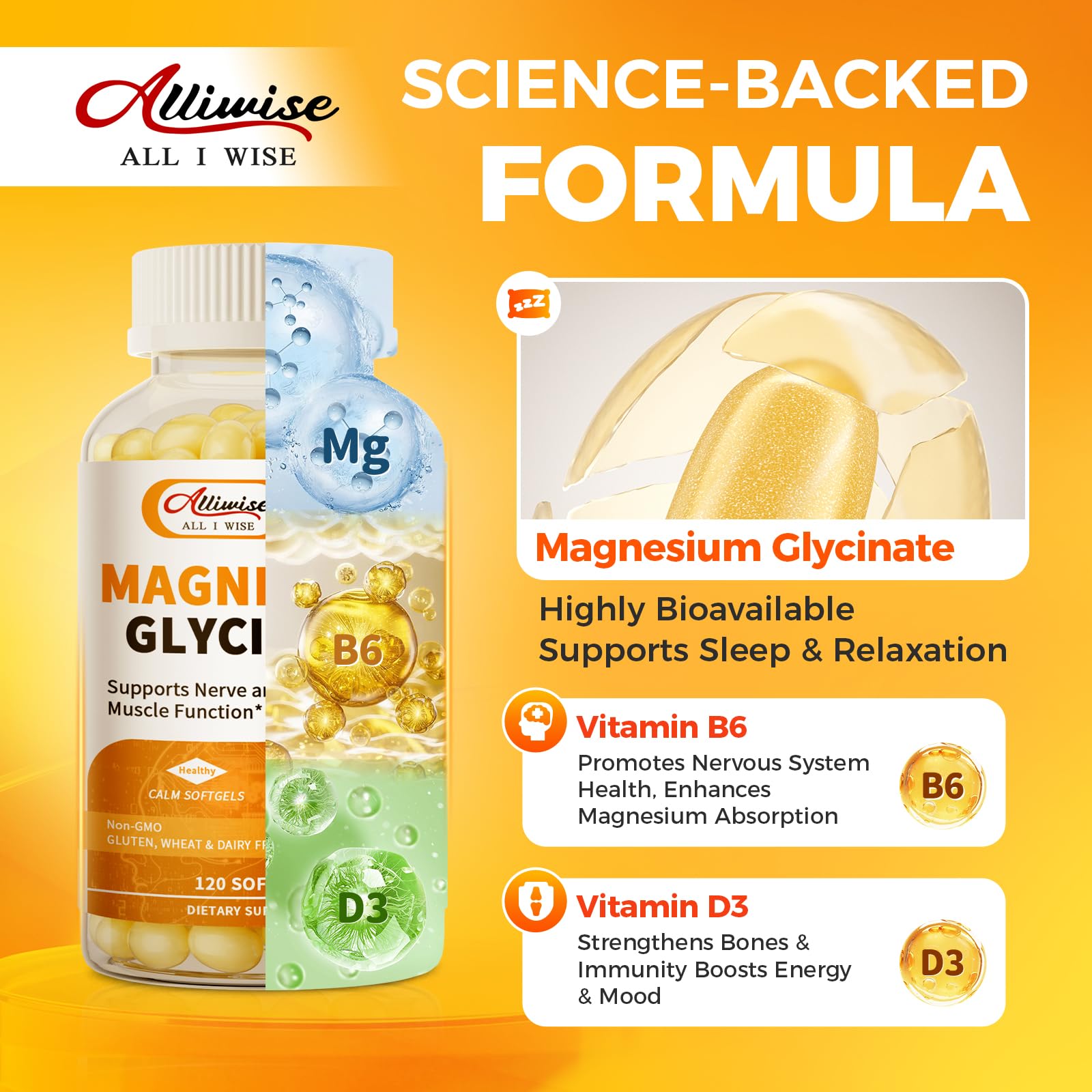 Magnesium Glycinate 400mg Softgels with Vitamin D3 & B6,Small Easy to Swallow Gel Caps,High Absorption, Gentle on Stomach,Supports Sleep, Muscle & Calm,Bone Health,120 Softgels Alliwise Au supplements
