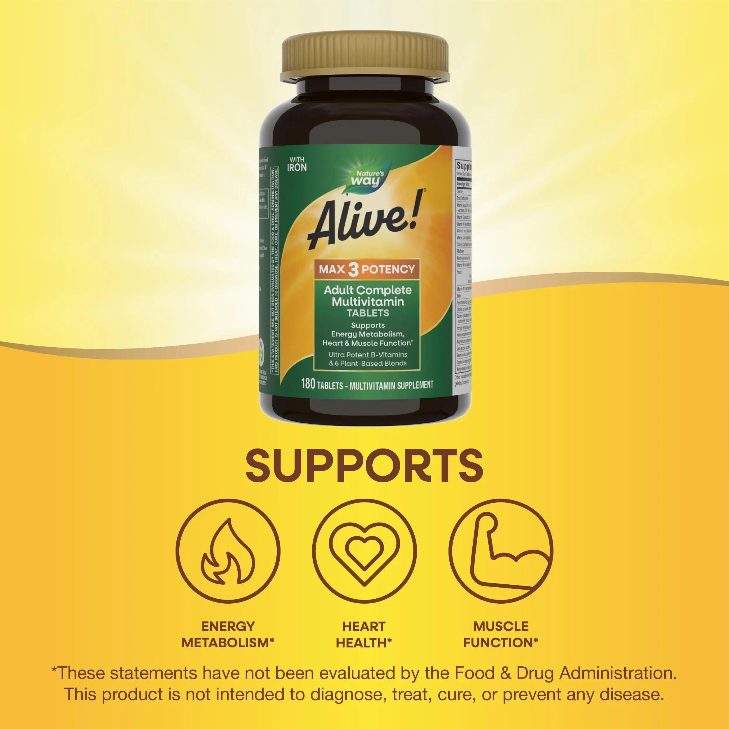 Nature's Way Alive! Max3 Potency Daily Multivitamin, Methylated B12 and Folate, Ultra Potency B-vitamins to Support Energy Metabolism*, 180 Tablets Nature's Way Au supplements