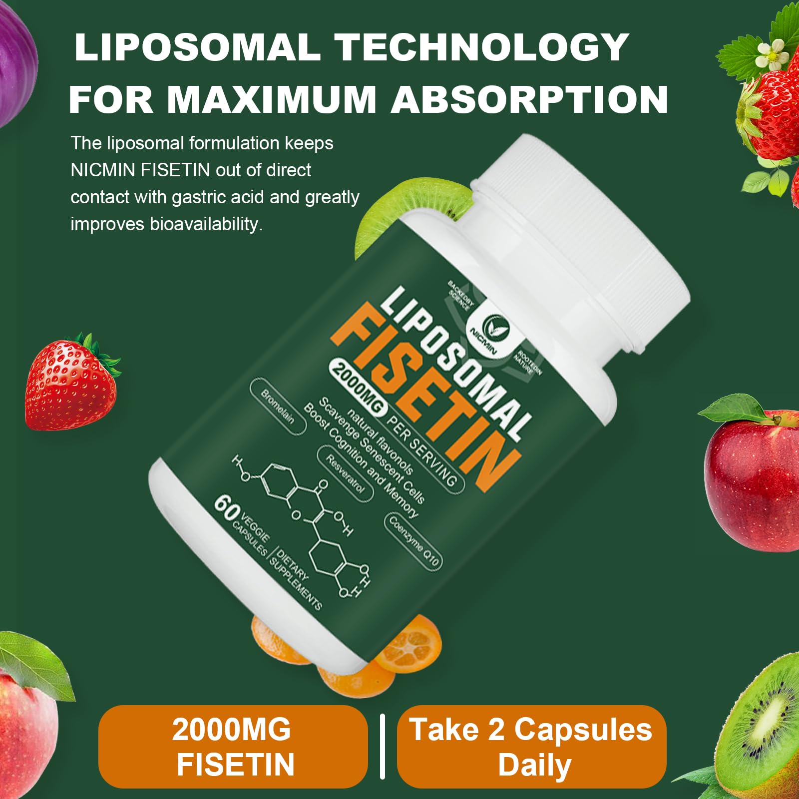 Liposomal Fisetin Supplement, 2000MG, 98% Pure Fisetin Polyphenols Antioxidants, with Quercetin, TMG and Resveratrol, for Healthy Aging, Cognitive Support, 120 Capsules NICMIN Au supplements