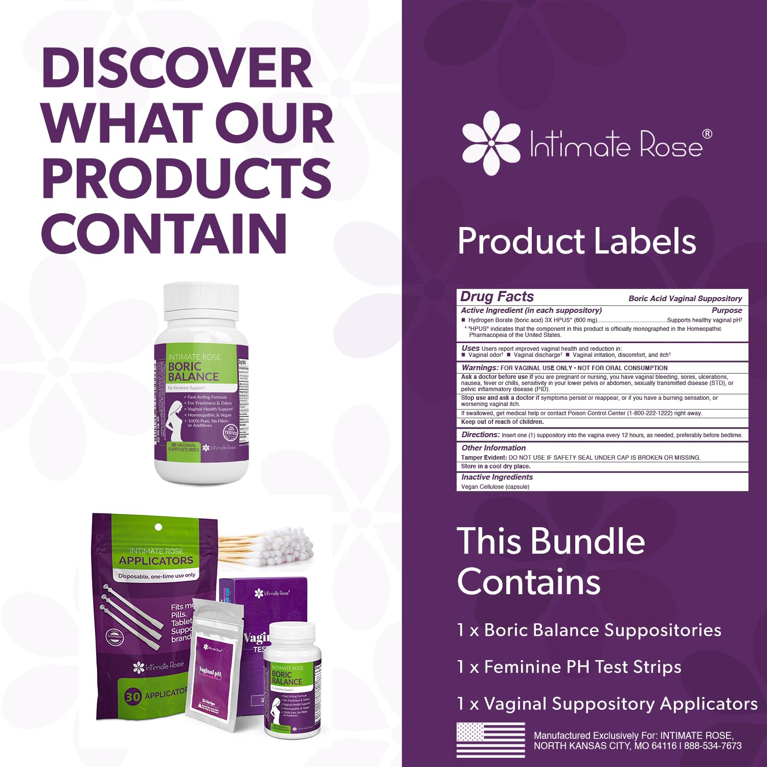 Intimate Rose Boric Acid Suppositories + 15 Count Vaginal Suppository Applicator + pH Test Strips Intimate Rose Au supplements