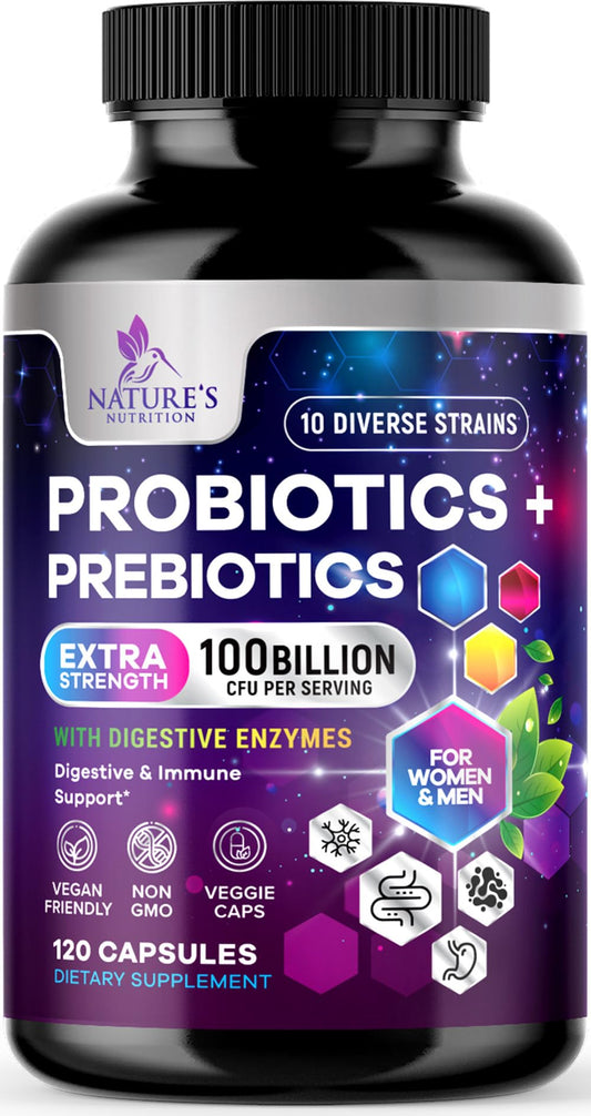 Probiotics 100 Billion CFU Per Serving - 10 Premium Strains + Prebiotics - Best Probiotic Supplement for Women & Men - Supports Immune, Digestive Health, Nature's NutritionUS supplements
