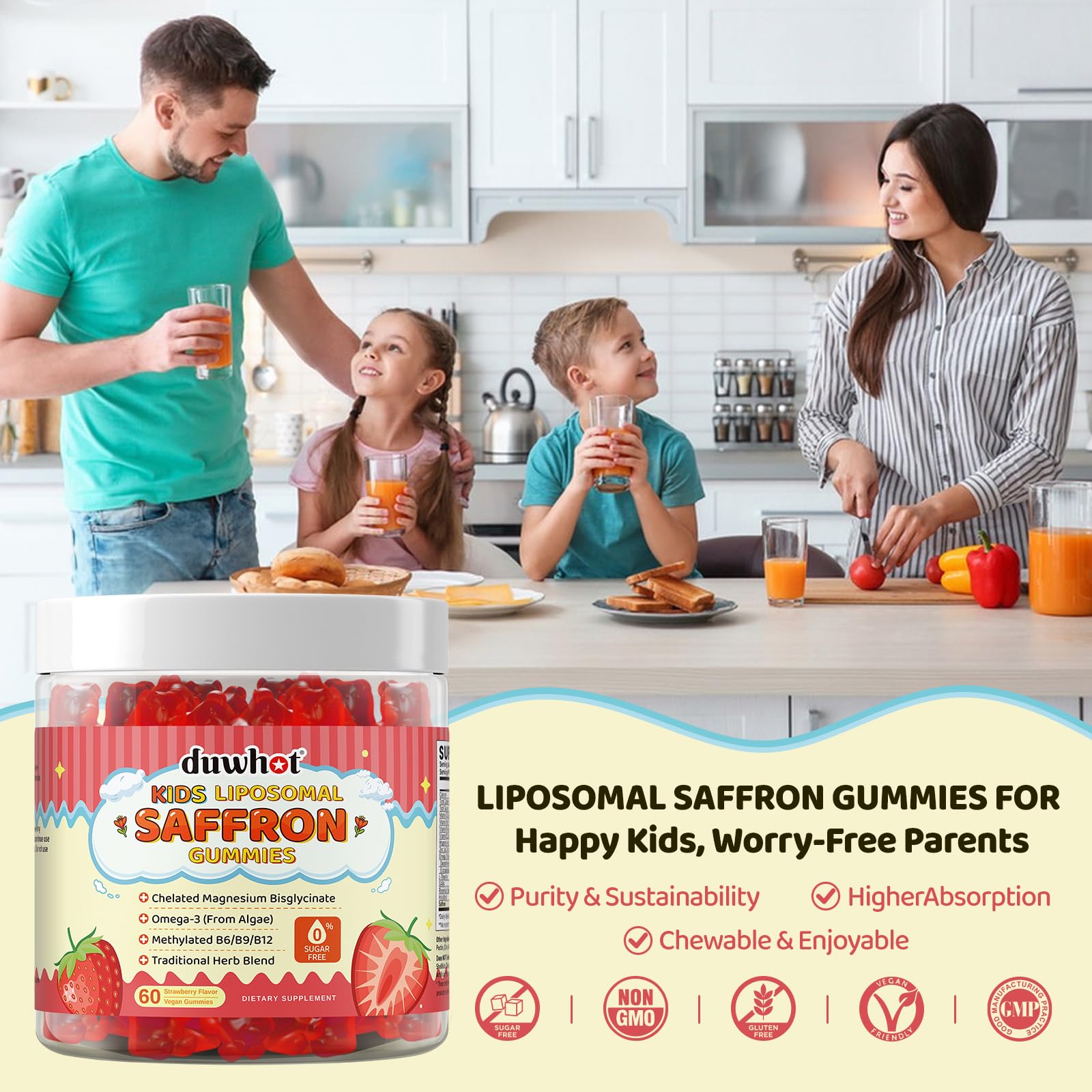 Liposomal Saffron Gummies for Kids 4+, Saffron Supplements w/Holy Basil, Rosemary, Magnesium Glycinate, Omega-3 & More, Brain Focus Support Supplement, Vegan, Organic, Sugar Free, 60 Chewables duwhot Au supplements