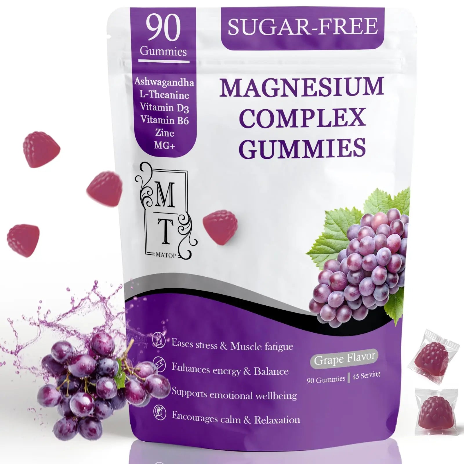 MATOP Magnesium Complex for Women Gummies - 8 in 1 Triple Magnesium Complex (Glycinate, Malate, Citrate) with L-Theanine, Ashwagandha, Vitamin D3, B6 & Zinc - Stress, Calm & Focus - 90 Vegan Gummies MATOP Au supplements