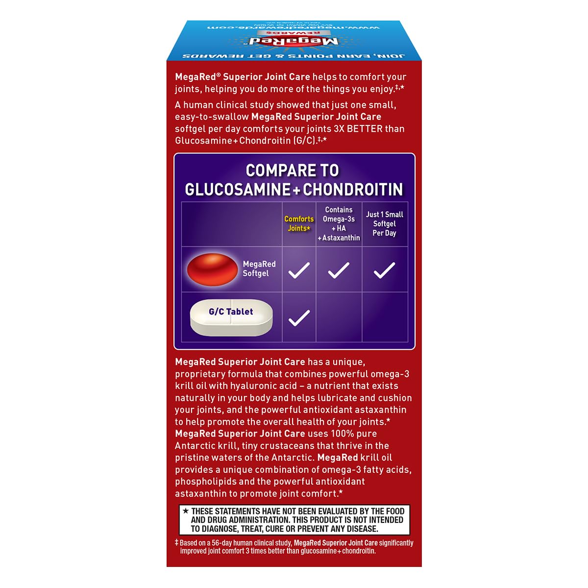 Omega-3 Krill Oil and Joint Supplement - Megared Joint Care 60 softgels - EPA/DHA fatty acids, Antioxidants, Hyaluronic acid, No fishy burp aftertaste as with Fish Oil MegaRed Au supplements