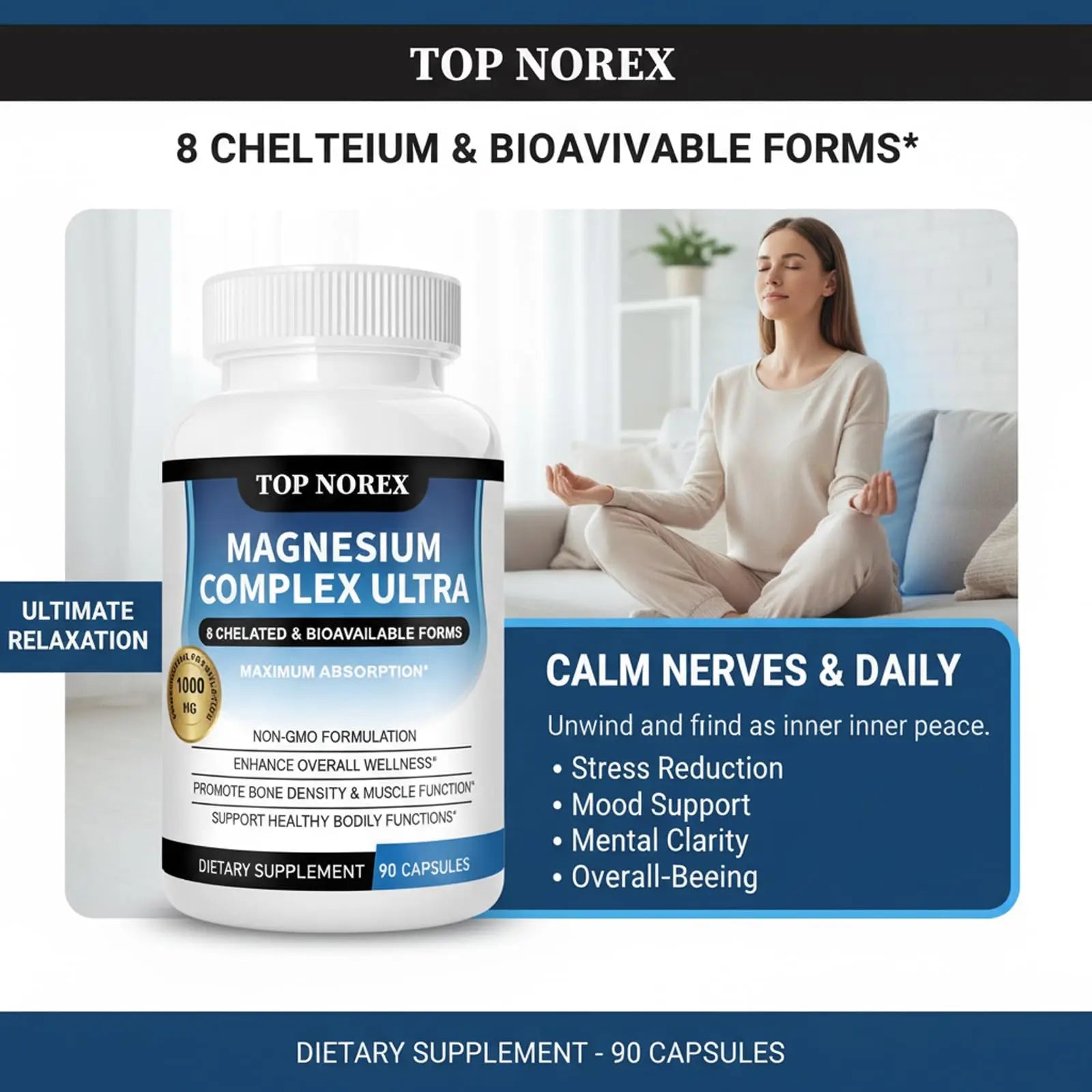 Top Norex Magnesium Complex Ultra - 8 Elemental 1000mg Magnesium Blend, Easy Absorption, 90 Capsules (1) Top Norex Au supplements
