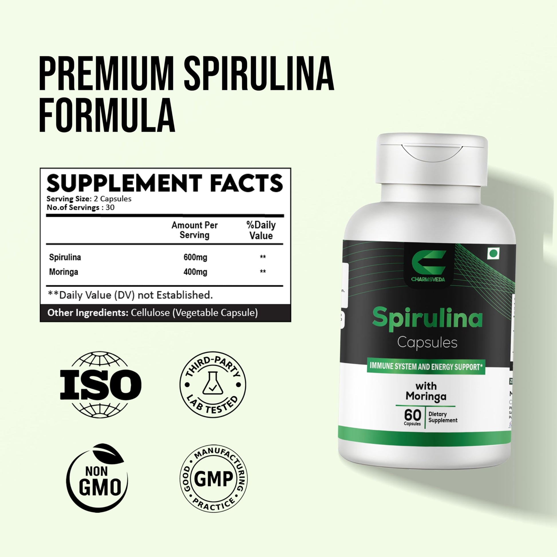 CHARMSVEDA Spirulina Capsules with Moringa – Herbal Immune Support* – 60 Vegan Capsules CHARMSVEDA Au supplements