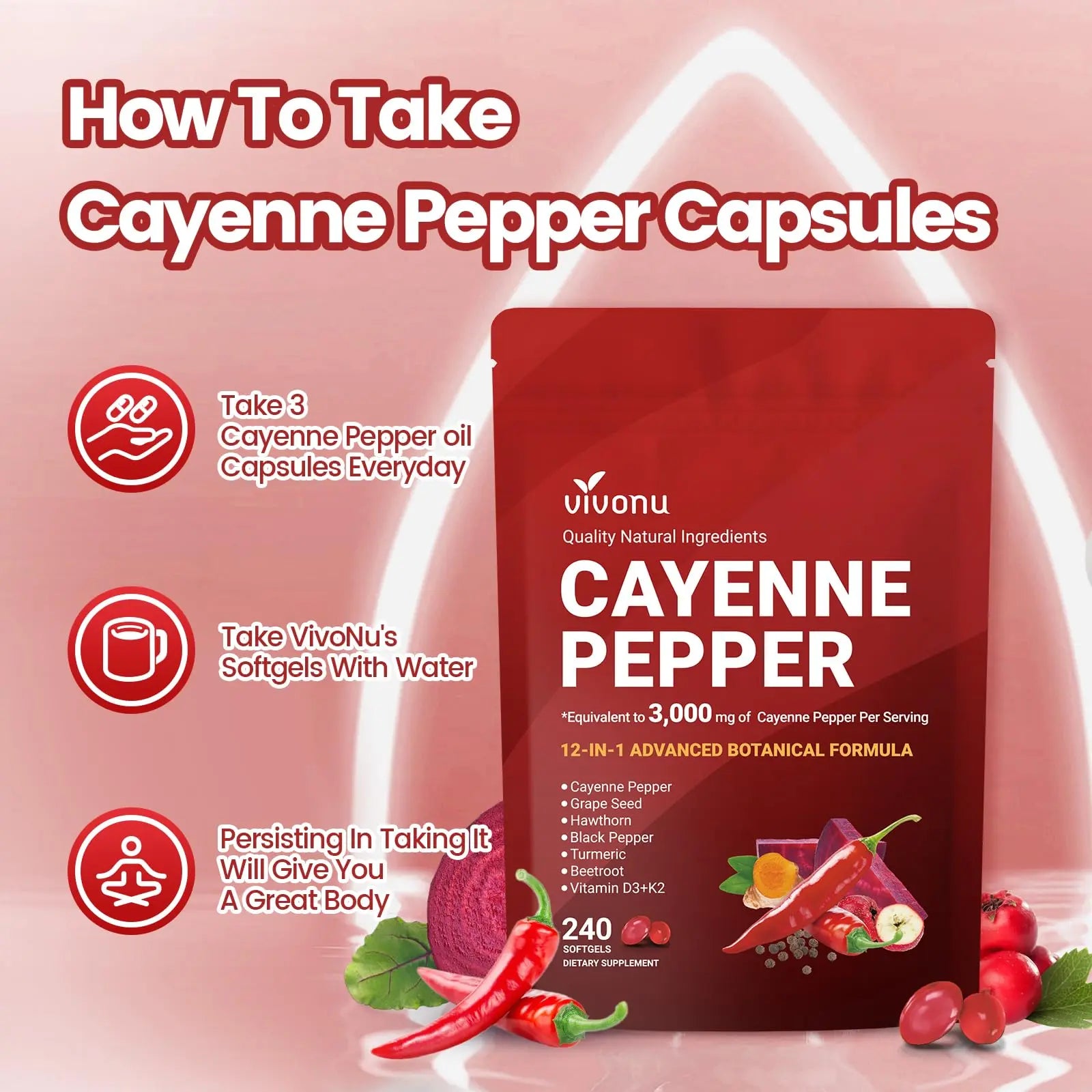 VivoNu Cayenne Pepper Softgels Supplement, Supports Leg Vein, Heart and Blood Vessel Health, with Vitamin E D3+K2 and Extracts of Grape Seed, Hawthorn, Beetroot, Berberine (Softgel / 1 Bag) VivoNu Au supplements