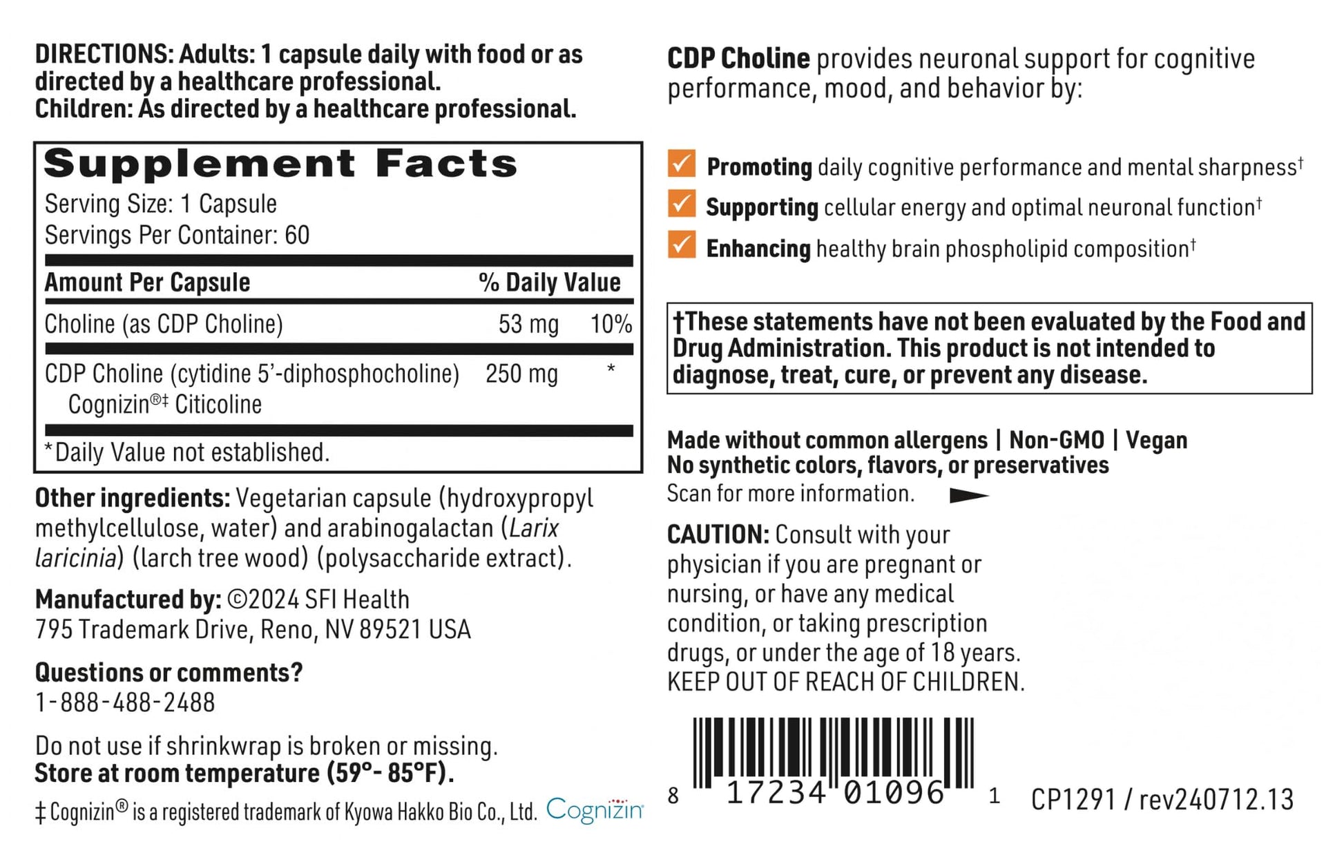 Klaire Labs SFI Health CDP Choline 250mg - Soy-Free Choline Supplements - Cognizin Citicoline to Help Support Memory, Focus & Attention - Bioavailable Active Form, Hypoallergenic (60 Capsules) SFI Health Au supplements