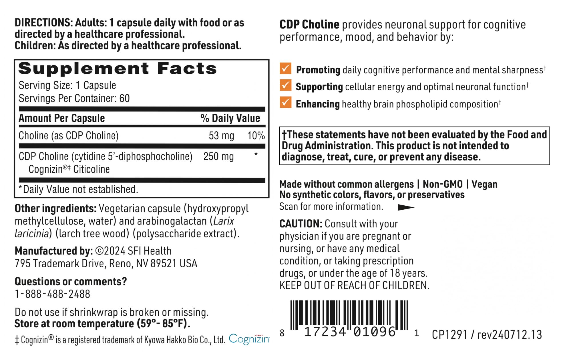 Klaire Labs SFI Health CDP Choline 250mg - Soy-Free Choline Supplements - Cognizin Citicoline to Help Support Memory, Focus & Attention - Bioavailable Active Form, Hypoallergenic (60 Capsules) SFI Health Au supplements