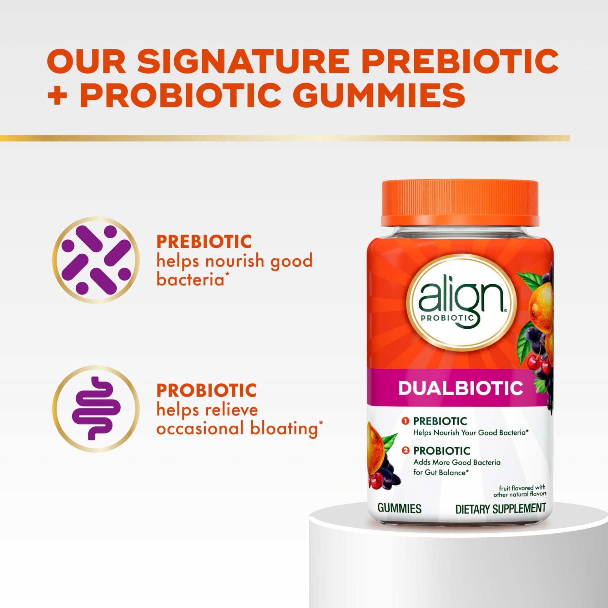 Align Dualbiotic, Prebiotics and Probiotics for Women and Men, Probiotics for Digestive Health, Prebiotics Help Nourish Good Bacteria, Natural Fruit Flavors, 60 Probiotic Gummies Align Au supplements