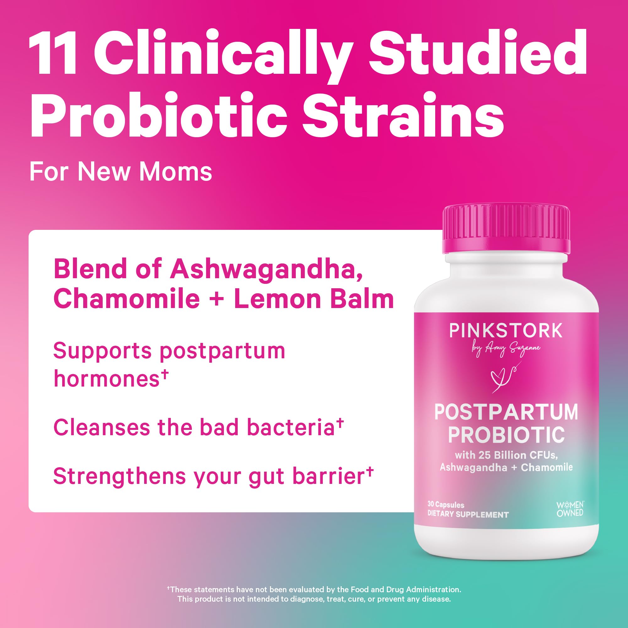Pink Stork Probiotics for Postnatal Women - 30 Billion CFUS with Ashwagandha and Chamomile, Postpartum Essentials for Hormone Balance, Mood Support, Gut Health, Digestive Wellness, 30 Capsules Pink Stork Au supplements