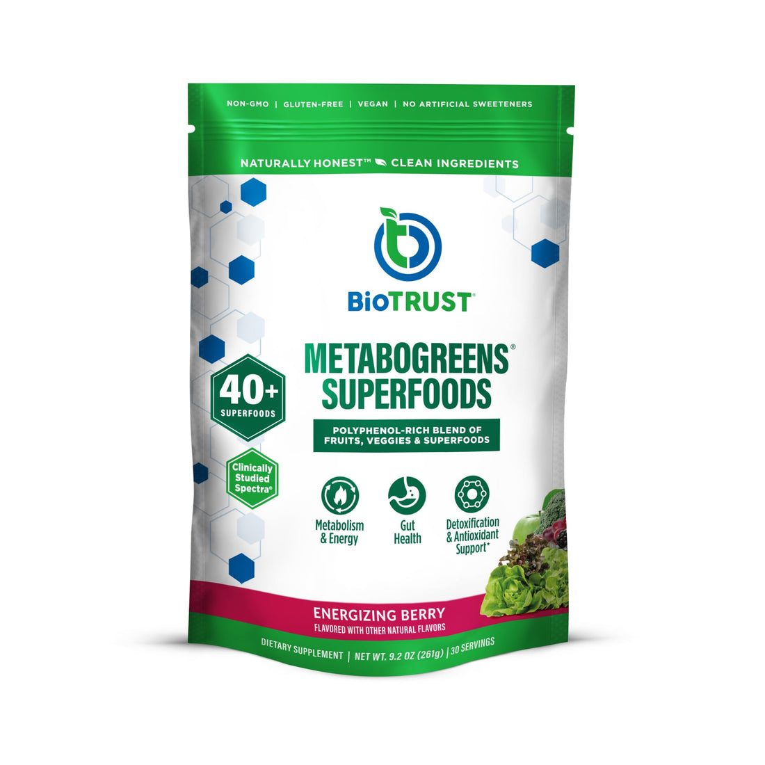 BioTrust Metabo Greens Superfood Powder - Super Greens Powder, Fruit & Veggie Blend with Clinically Studied Spectra - Non GMO, Soy Free, Gluten Free, Dairy Free, Energizing Berry Flavor (30 Servings) BioTrust Au supplements