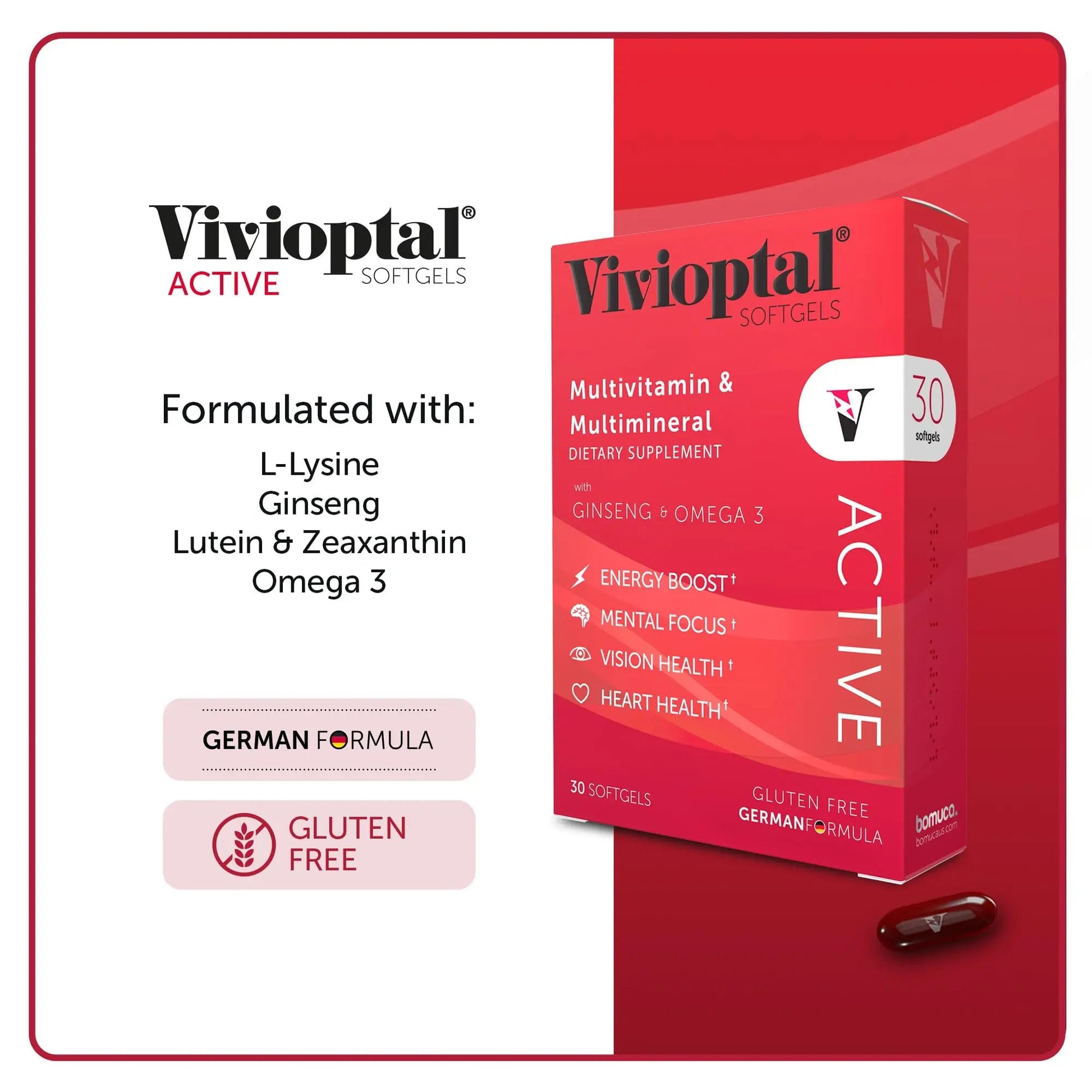 Vivioptal Active, 30 Softgels, Ginseng & Omega 3, Multivitamin & Multimineral, Gluten Free, German Formula Vivioptal Vitamins Au supplements