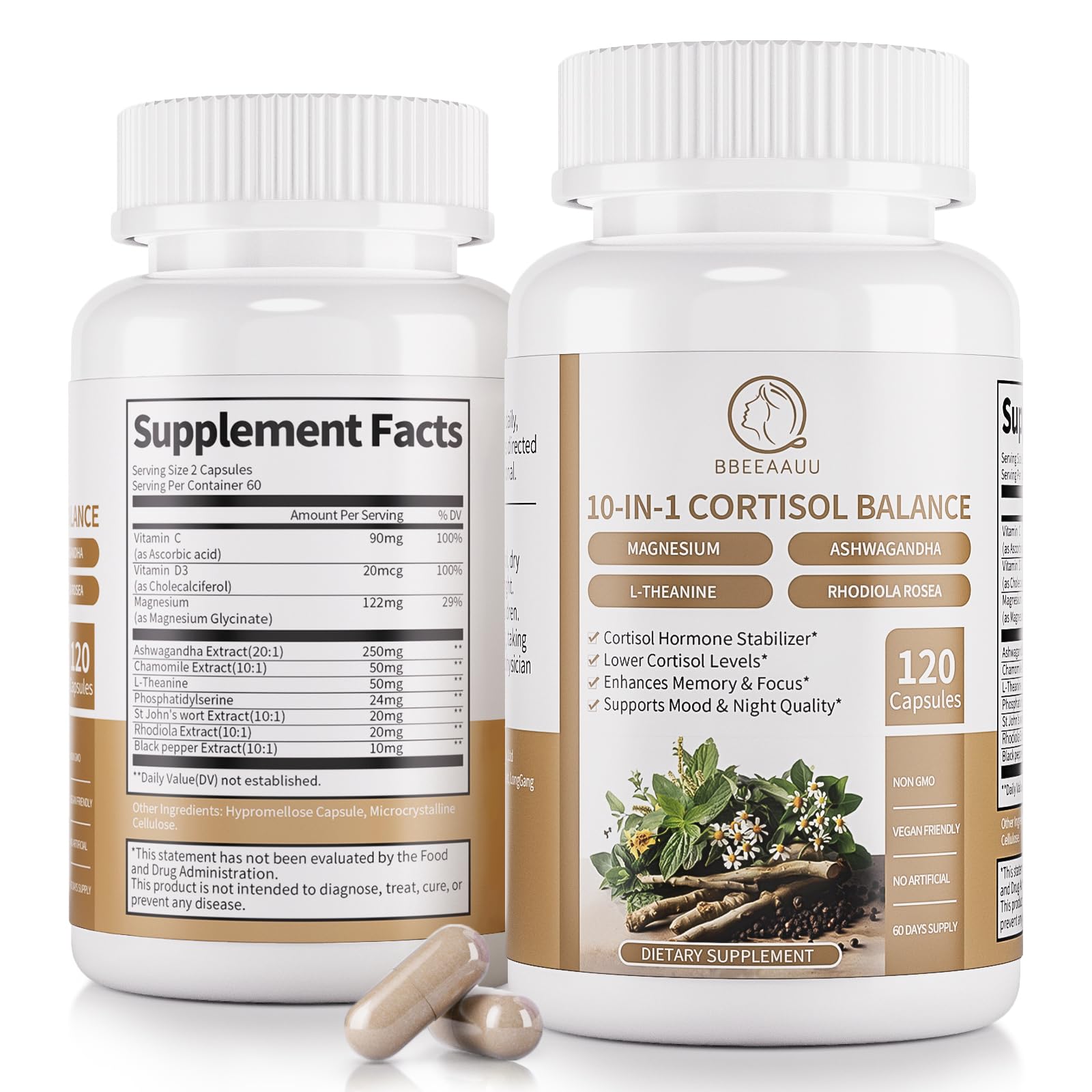 2 Pack Cortisol Supplements for Women & Men - 10-in-1 Cortisol Reducer Manager Detox with Ashwagandha, Magnesium - Lower High Cortisol Levels, Relaxation & Night Support, Non-GMO, 120 Capsules BBEEAAUU Au supplements