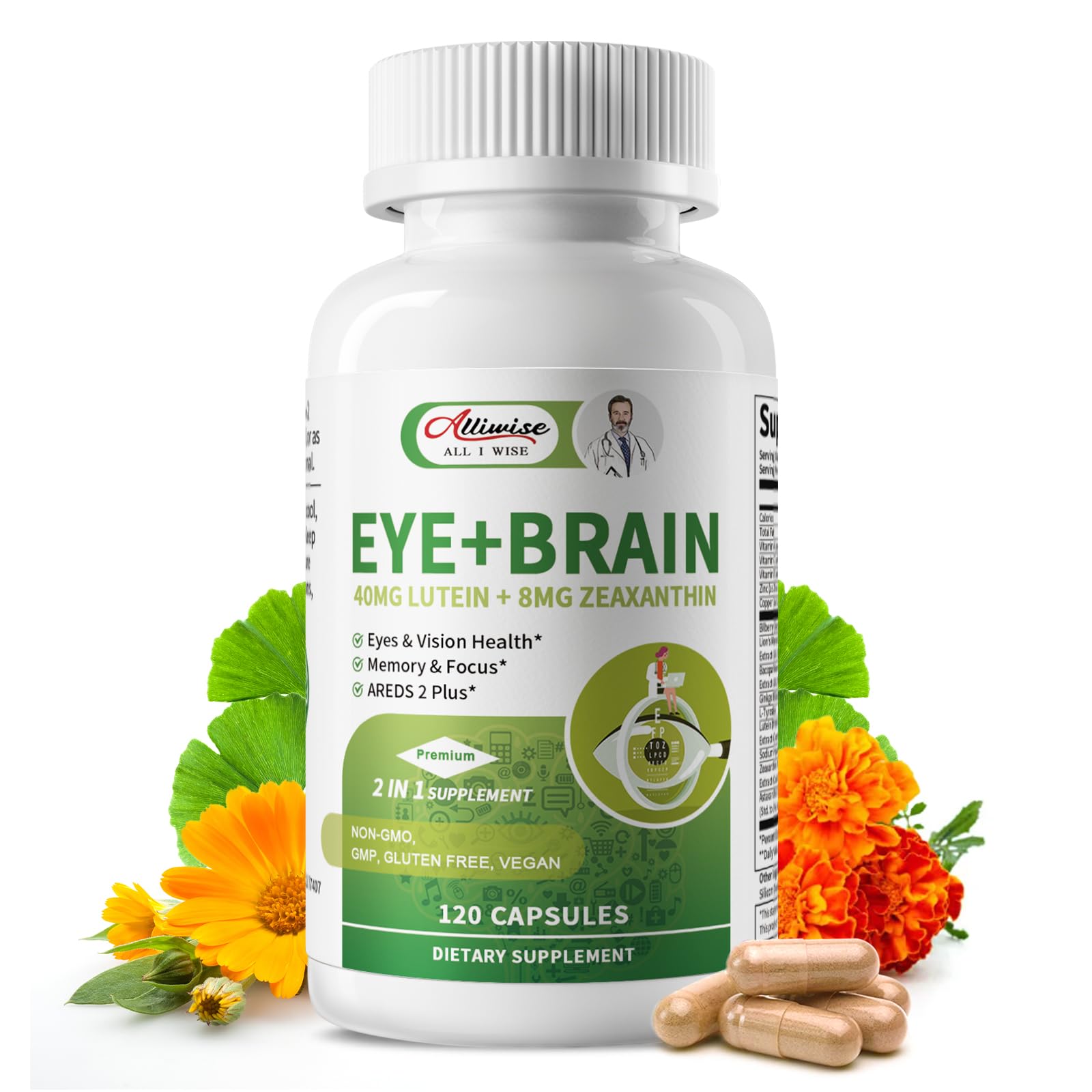 Eye + Brain Supplements for Memory and Focus, Lutein 40mg, Zeaxanthin, Astaxanthin, Bilberry, Lion’s Mane, Bacopa Monnieri, Ginkgo Biloba, 14 in 1 Eye Vitamins for Adults & Seniors 120 Capsules Alliwise Au supplements