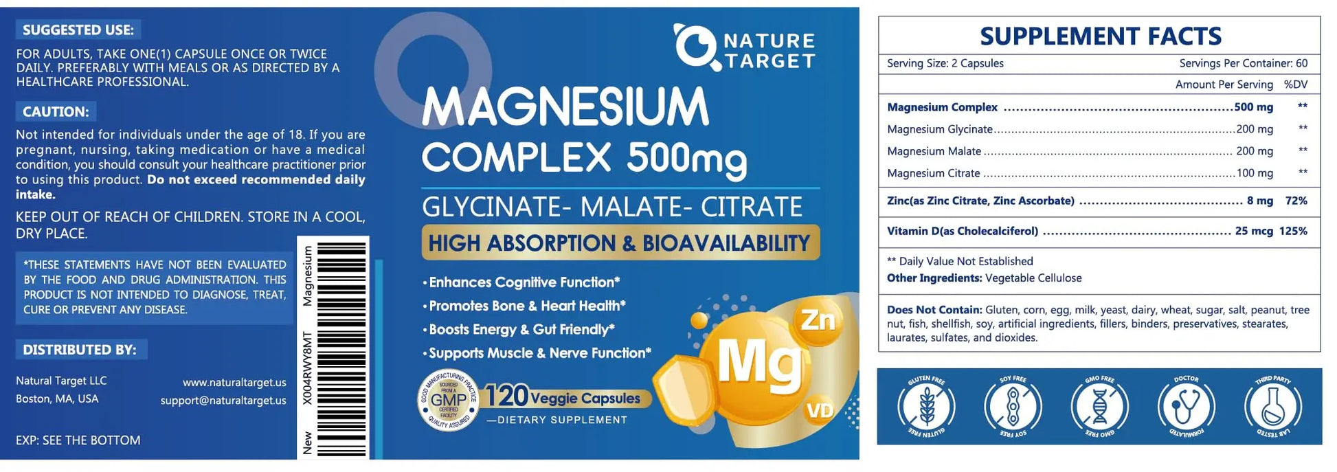 Magnesium Complex 500mg, Magnesium Glycinate, Malate & Citrate - High Absorption Chelated Triple Magnesium Supplement with Zinc, Vitamin D3 for Muscle, Nerve, Bone & Immune Support, Vegan 120 Capsules NATURE TARGET Au supplements