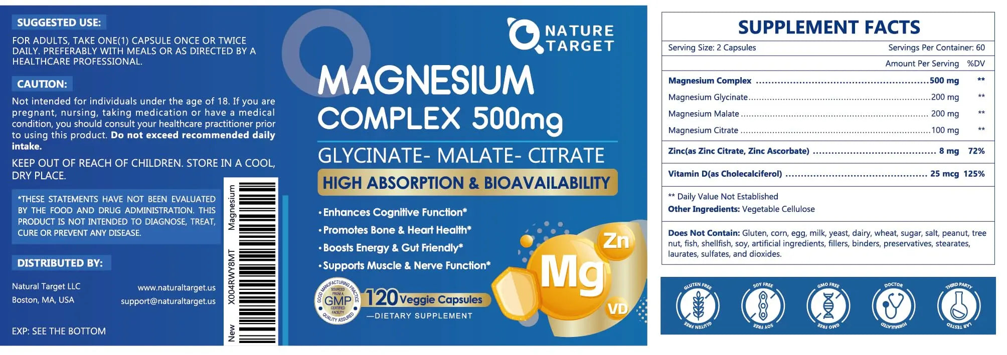 Magnesium Complex 500mg, Magnesium Glycinate, Malate & Citrate - High Absorption Chelated Triple Magnesium Supplement with Zinc, Vitamin D3 for Muscle, Nerve, Bone & Immune Support, Vegan 120 Capsules NATURE TARGET Au supplements