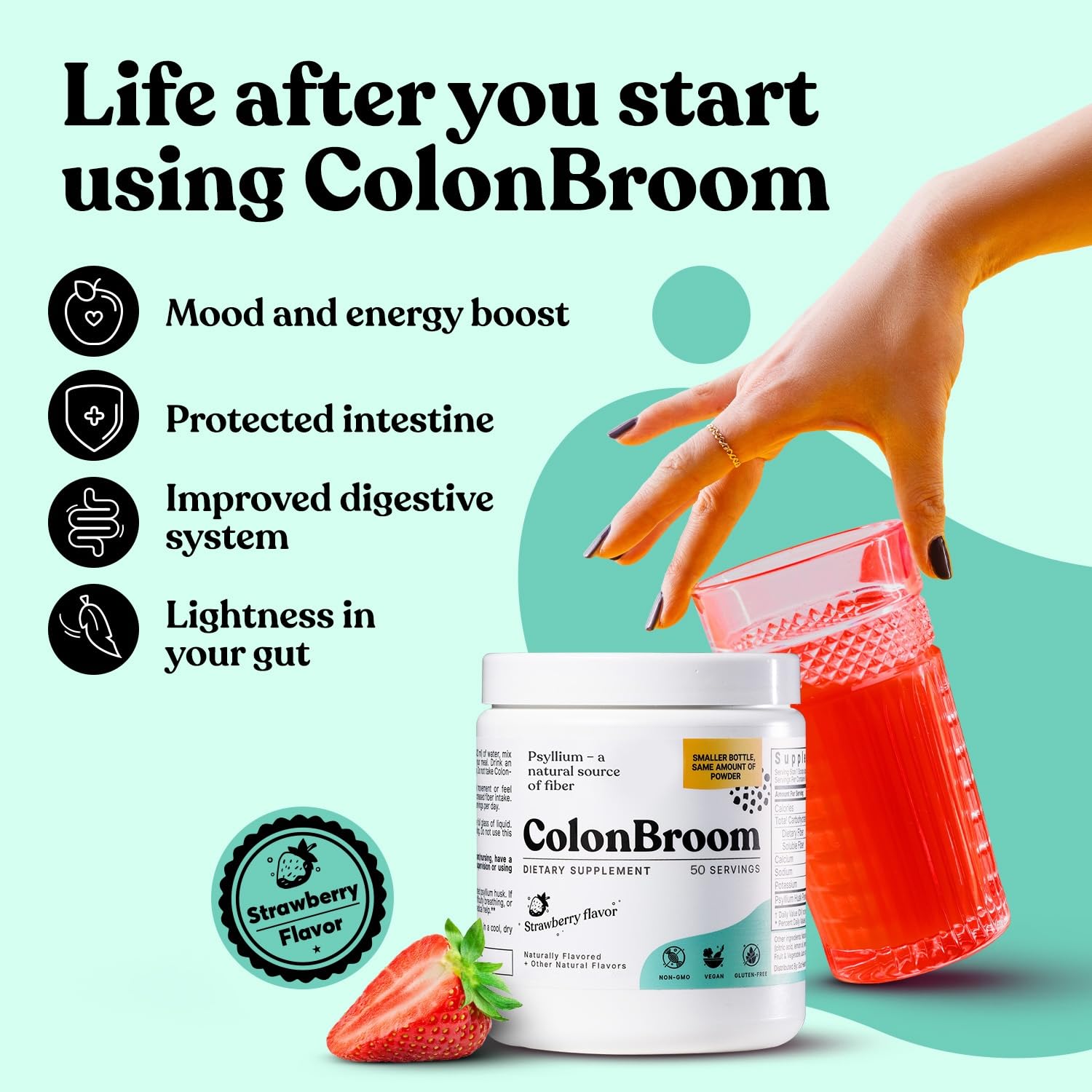 ColonBroom Psyllium Husk Powder (Strawberry) - Colon Cleanse for Bloating Relief & Gut Health - Colon Broom Fiber Powder Drink - Vegan, Gluten Free, Non-GMO Fiber Powder Supplement, 50 Servings ColonBroom Au supplements