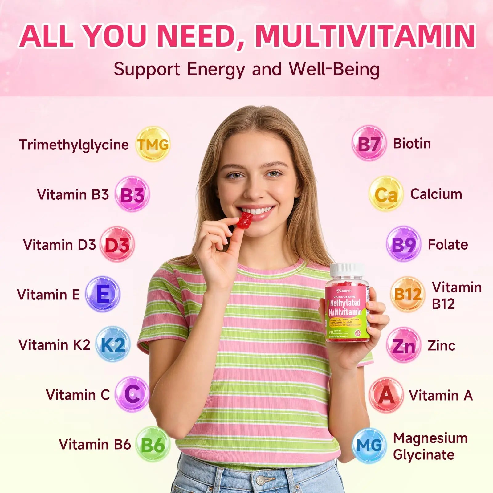 Methylated Vitamin B Complex Gummies for Women & Men, Multivitanins Gummy with Vitamin A, C ,E, Methylfolate & B12, TMG, Calcium, D3 K2 Jabsah Au supplements