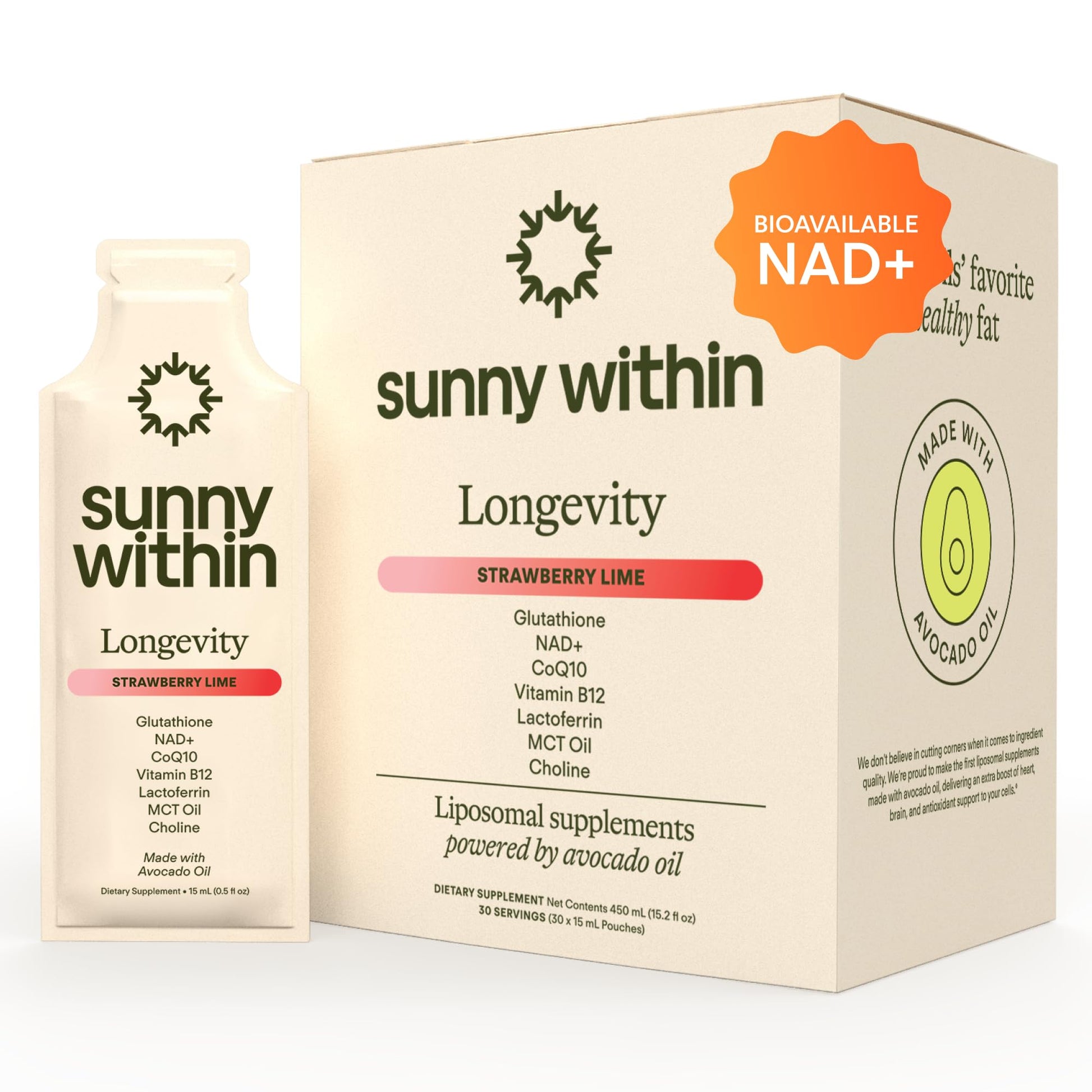 Sunny Within - Liposomal Glutathione Supplement NAD+ Longevity Mix w/Liquid NAD+, CoQ10, B12, MCT & Avocado Oil – Cellular Health, Energy, Brain, Gut & Heart Support* – Strawberry Lime – 30 Pouches Sunny Within Au supplements