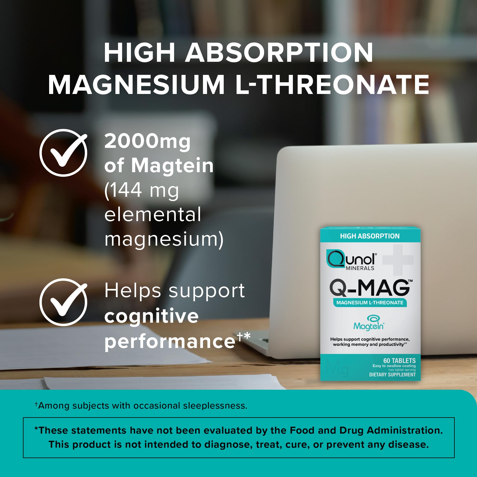 Qunol Q-Mag Magnesium L-Threonate Tablets, 2000mg of Magtein to Help Support Cognitive Performance, Improve Mental Alertness & Productivity, Supports Restful Sleep, High Absorption, 60 Count Qunol Au supplements