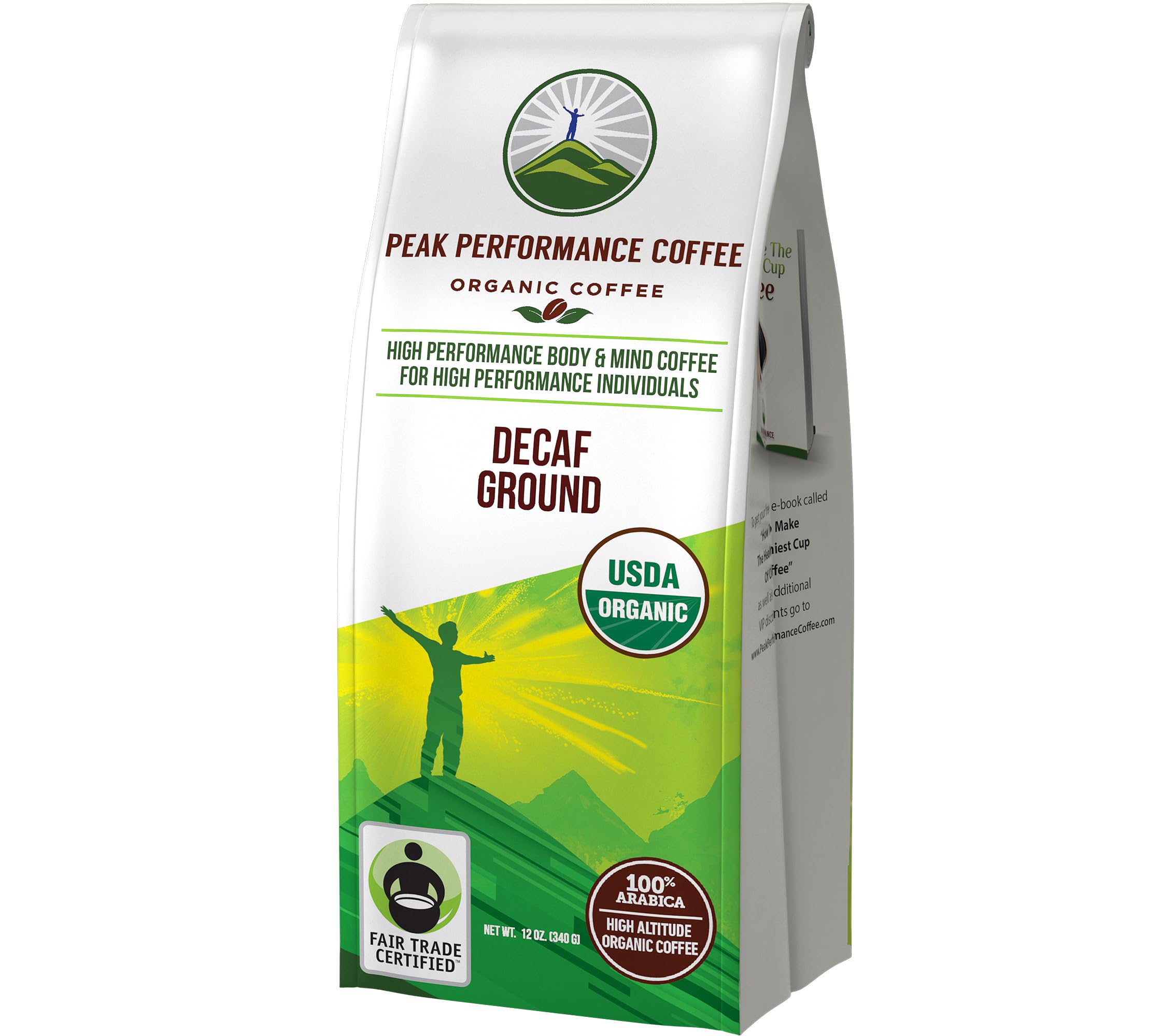 Peak Performance High Altitude Organic Decaf Coffee - Fair Trade, Low Acid, Non GMO, and Beans Full of Antioxidants - Medium Roast Smooth Tasting USDA Certified Organic Decaffeinated Ground 12 oz Peak Performance Au supplements