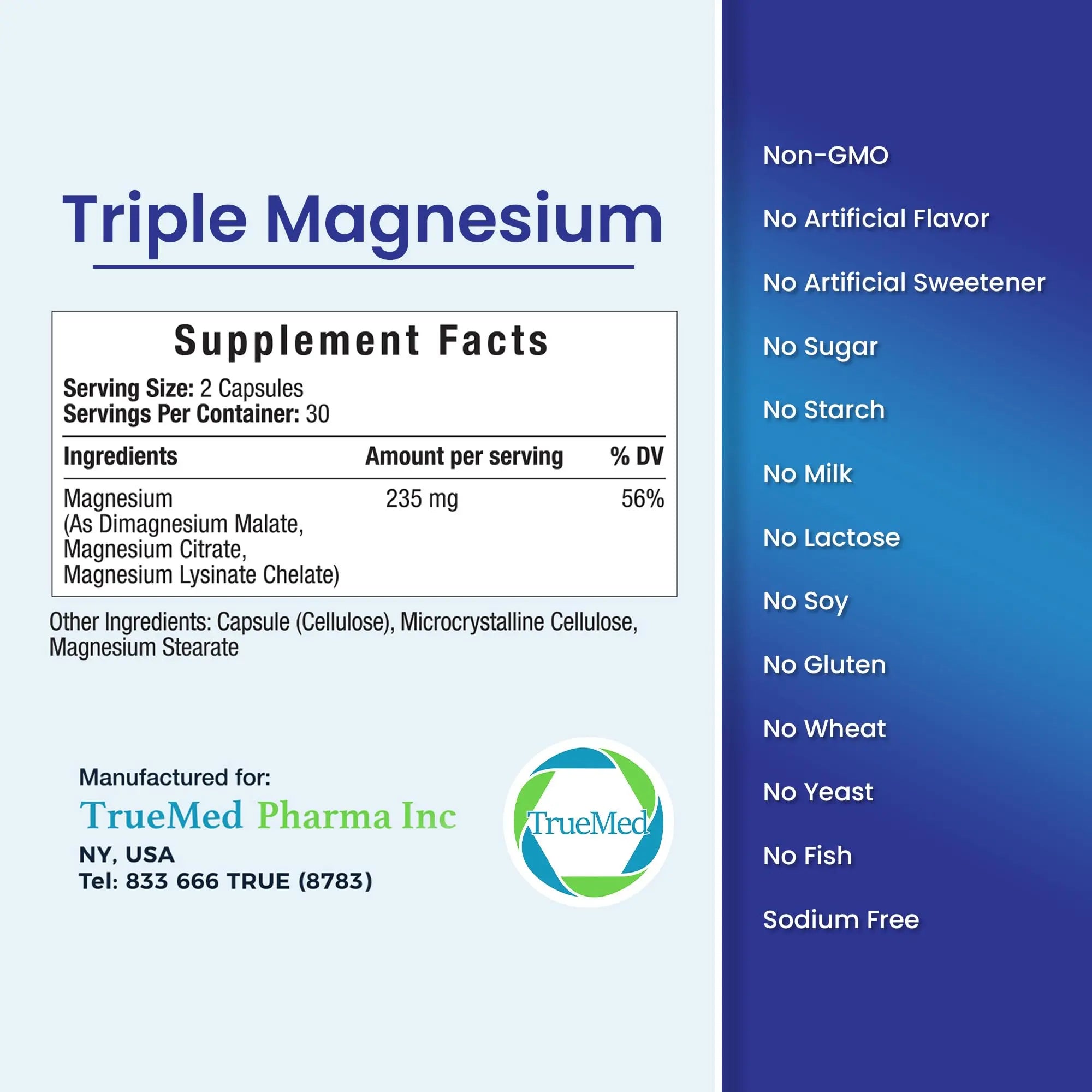 Truemed Triple Magnesium Complex Supplement 235mg with Magnesium Citrate, Malate & Lysinate Chelate | Magnesium Supplement for Sleep, Muscle Relaxation, Energy & Nerve Support | 60 Capsules, USA Made TRUEMED Au supplements