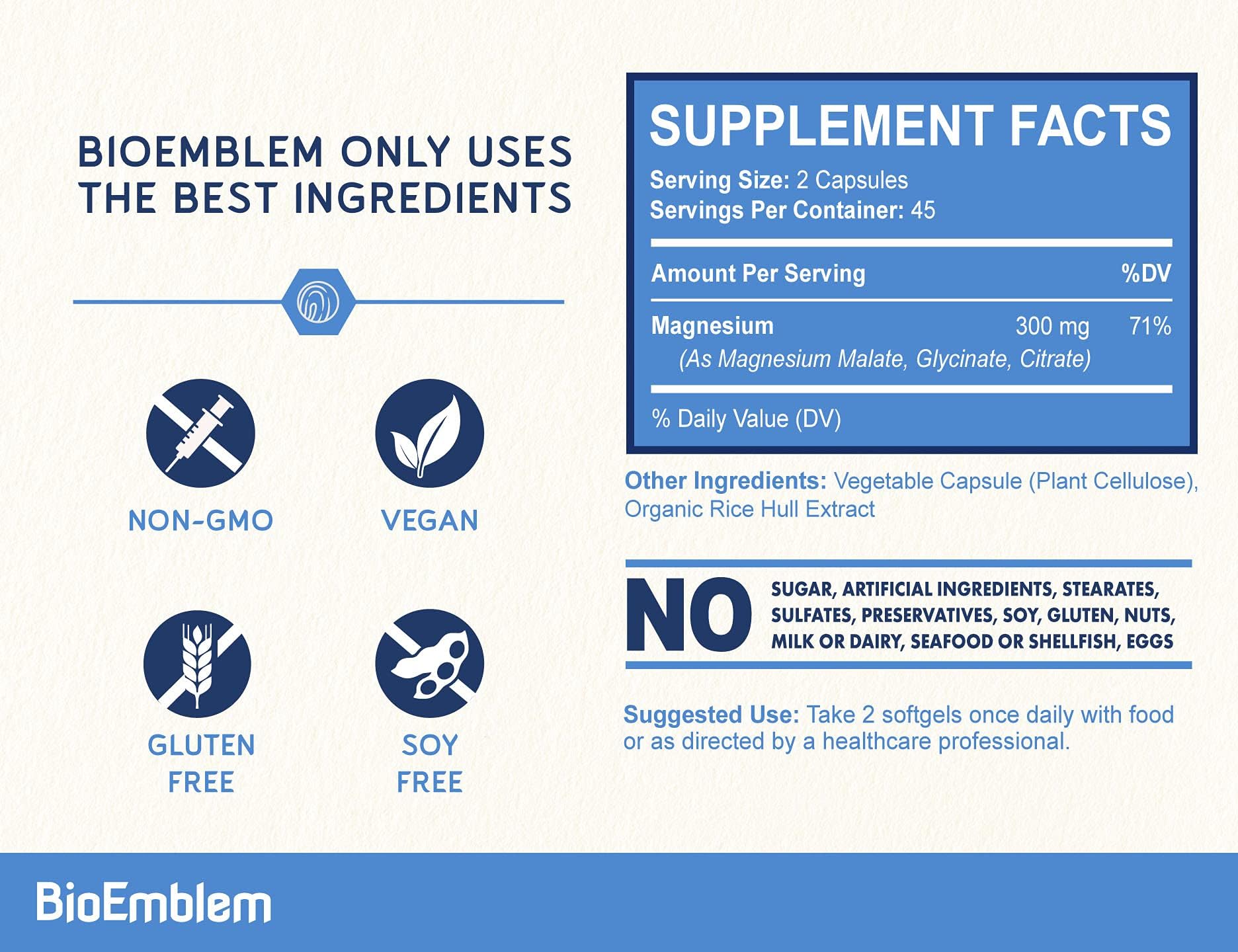 BioEmblem Triple Magnesium Complex | 300mg Magnesium Glycinate, Malate & Citrate | High Absorption Chelated Formula | Vegan, Non-GMO, Gluten-Free | 90 Capsules BioEmblem Au supplements