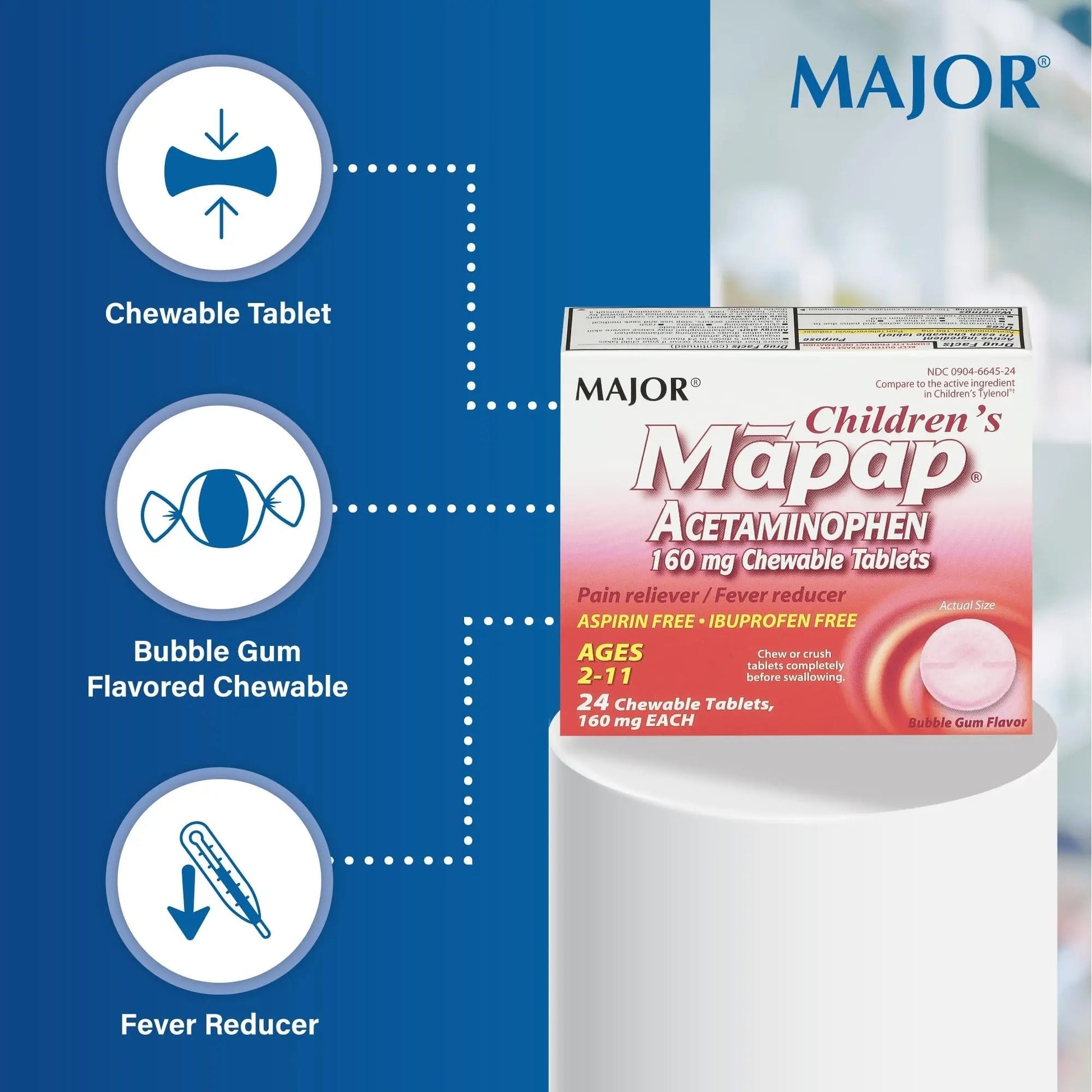 MAJOR Children’s Mapap Acetaminophen 160 mg Chewable Tablets - Pain Reliever/Fever Reducer - Aspirin Free - Ibuprofen Free - for Ages 2 to 11-24 Count (3 Pack) MAJOR Au supplements