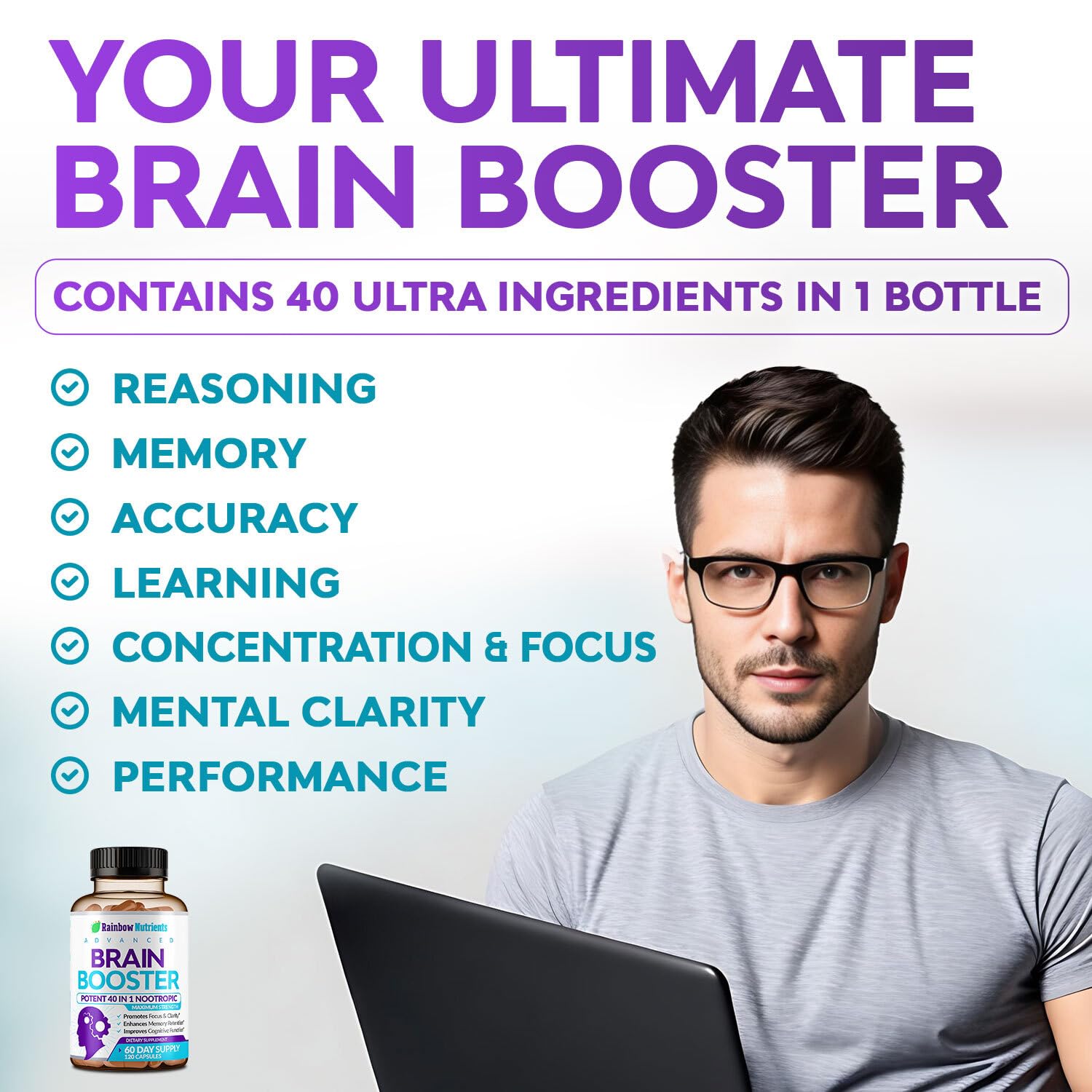 40-in-1 Brain Booster Supplements for Memory, Focus, Clarity, Energy, Performance | Natural Nootropic Brain Support Supplement with DMAE, Bacopa Monnieri & More | For Men & Women | 120 V Capsules Rainbow Nutrients, LLC Au supplements