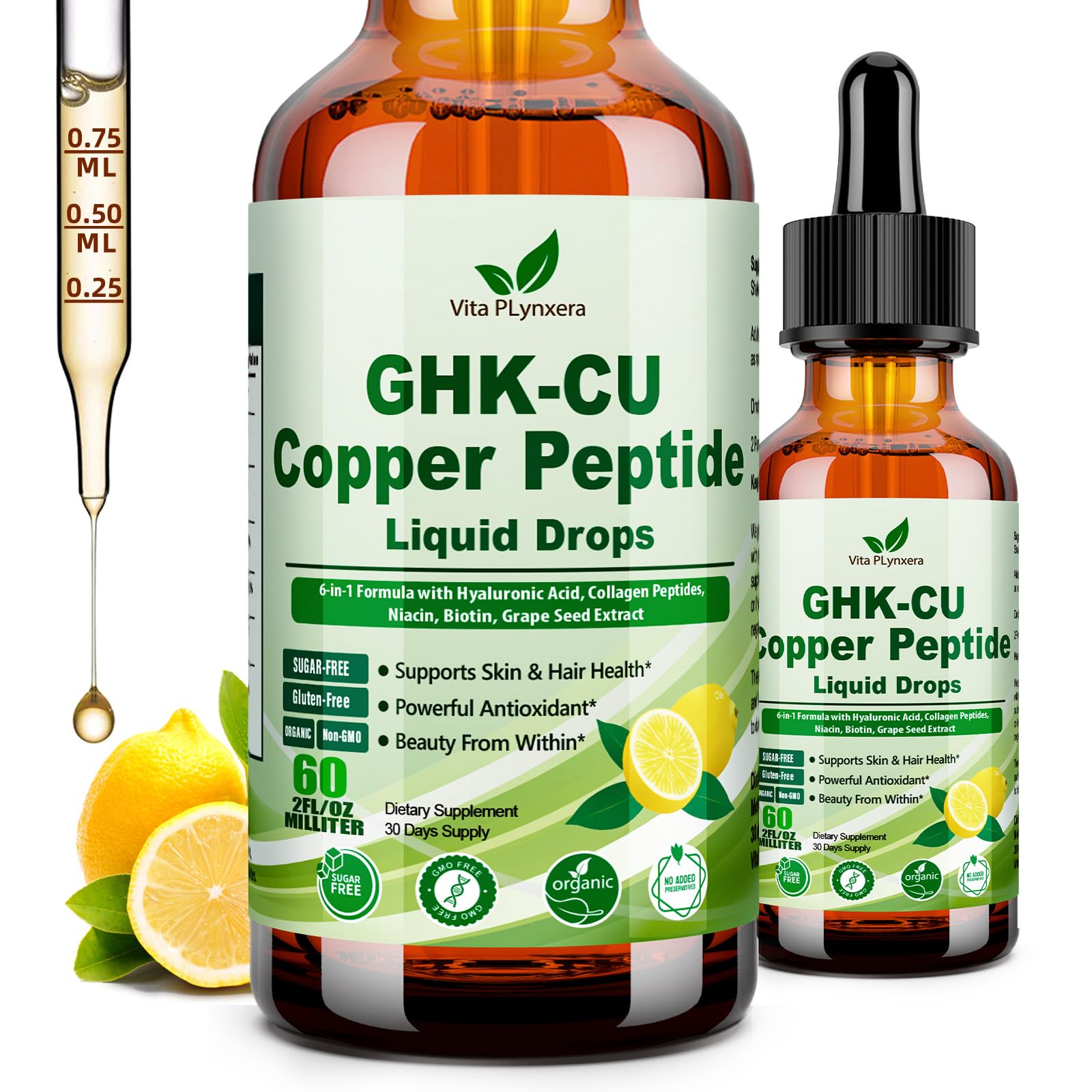 Vita PLynxera GHK-CU Peptide Supplement Liquid Drops, Premium 6-in-1 GHK CU Copper Peptides w. Marine Collagen Hyaluronic Acid Biotin for Anti-Aging, Skin Hair Growth Support, Oral Drops丨Women Men Vita PLynxera Au supplements