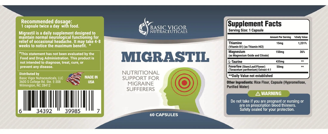 Basic Vigor Migrastil Migraine Support Capsules. Feverfew, Magnesium, Taurine & Vitamin B1 for Migraines Natural Supplement. Made in The USA. Vegan and Gluten Free. Basic Vigor uk supplements