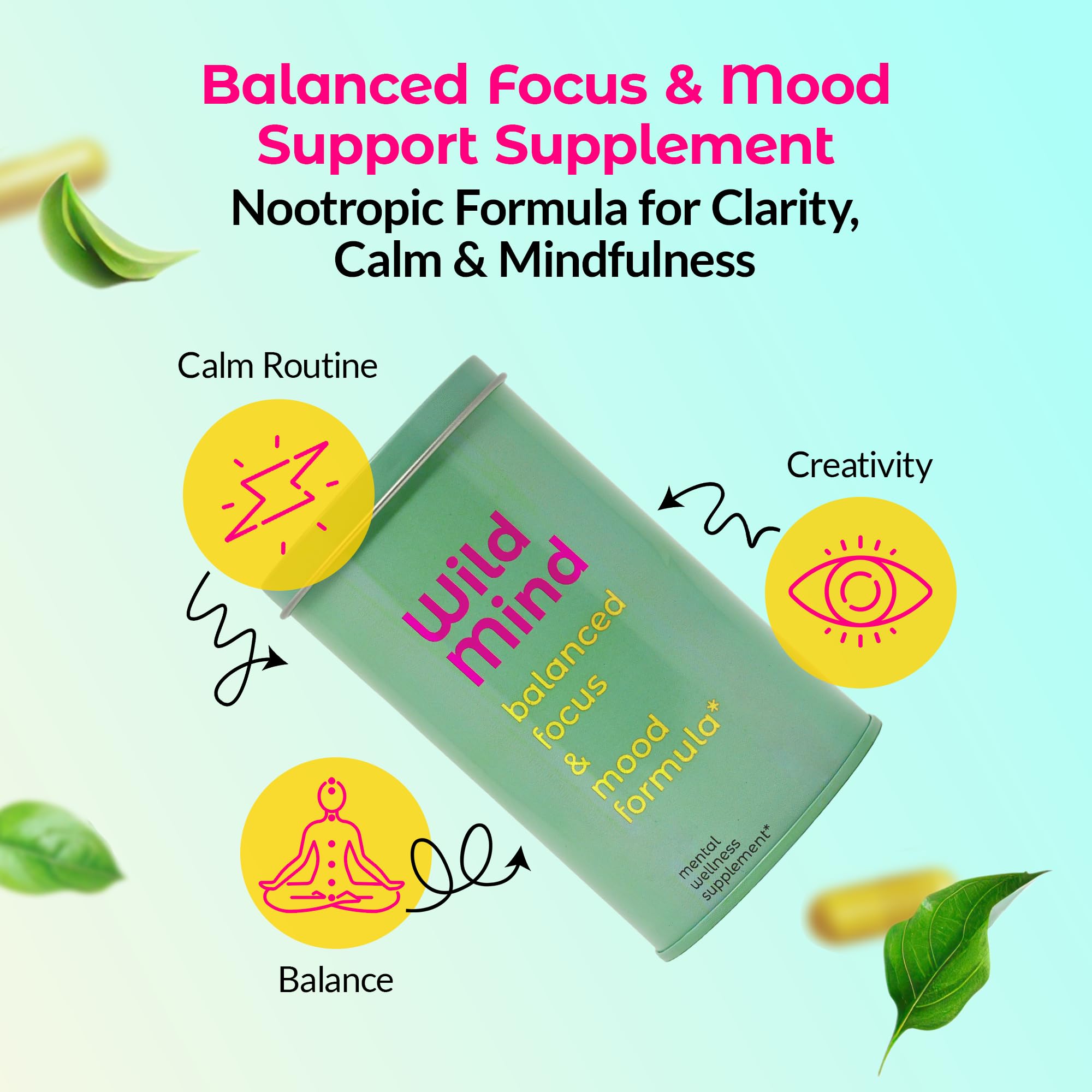 Wild Mind Mental Clarity Balanced Focus & Mood Support Supplement for Mental Wellness– 4-Ingredient Nootropic Brain Support for Calm & Energy – Vegan, 90 Capsules, 30-Day Supply Wild Mind Au supplements