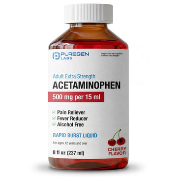 Puregen Labs Adult Extra Strength Acetaminophen Liquid 500mg/15ml - 8 fl oz Rapid Burst Pain Reliever/Fever Reducer, Cherry Flavor | Muscle & Joint Pain Relief | Arthritis Pain Relief P Puregen Labs Au supplements